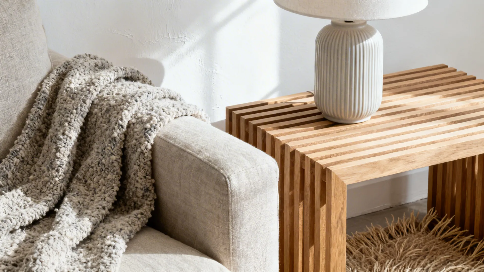 Macro of linen sofa, bouclé throw, ribbed ceramic lamp, and slatted oak table in a neutral scheme.