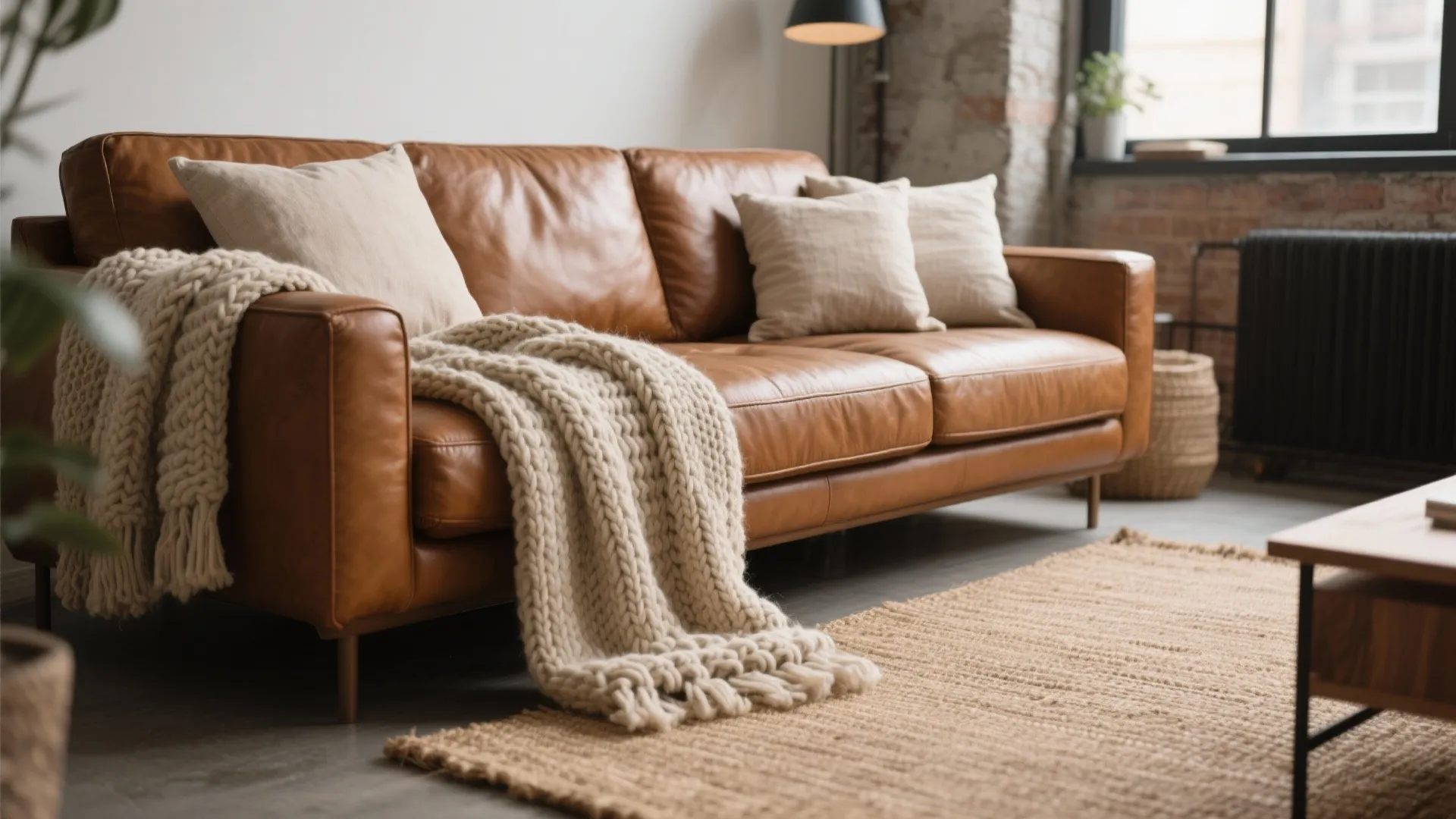 Brown leather sofa with layered neutral cushions and knit throw
