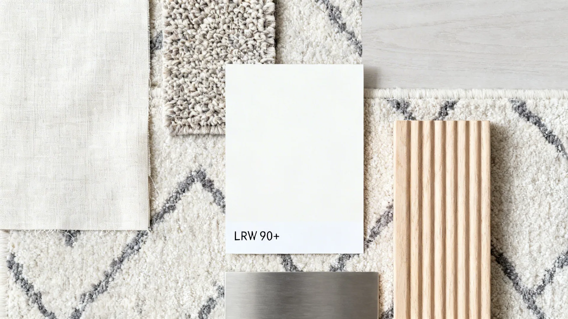Flat lay of linen, boucle, matte paint, low-pile rug, ribbed wood, and brushed metal.