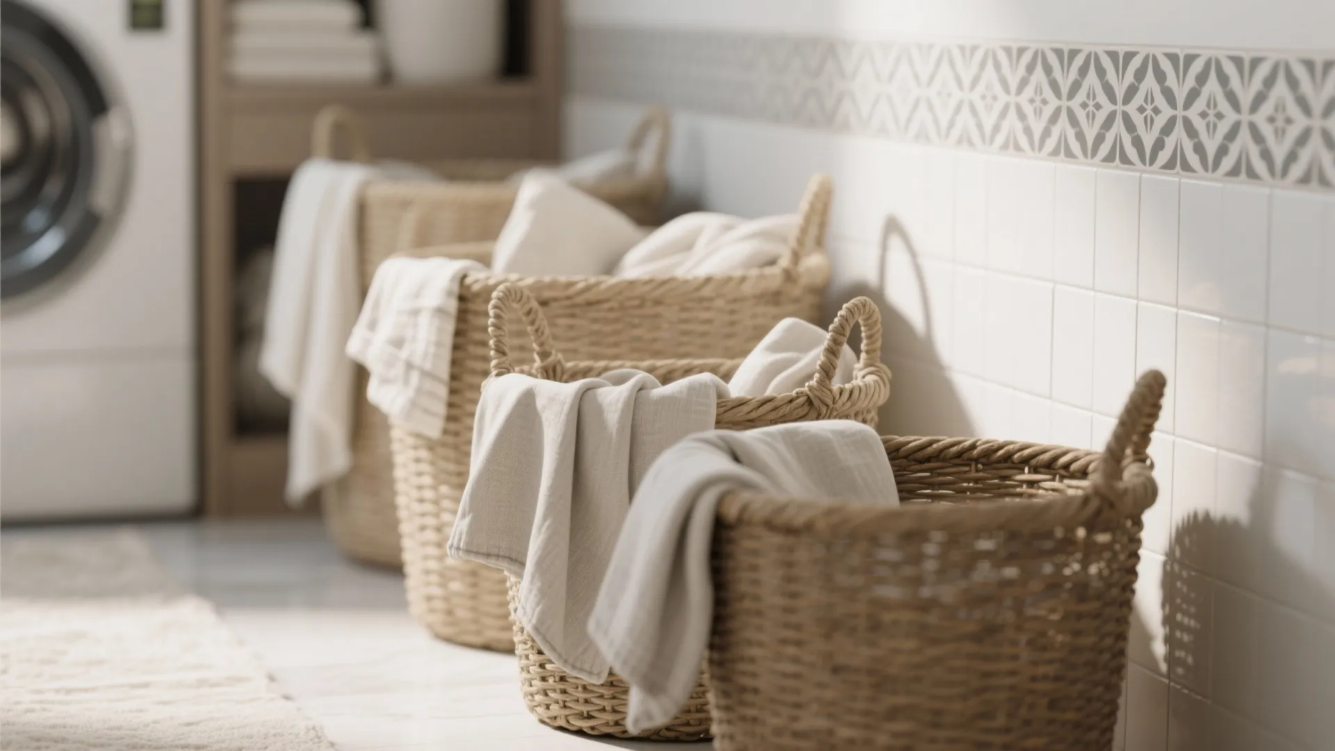 Four woven laundry baskets with white towels placed against a white tiled wall with patterned border
