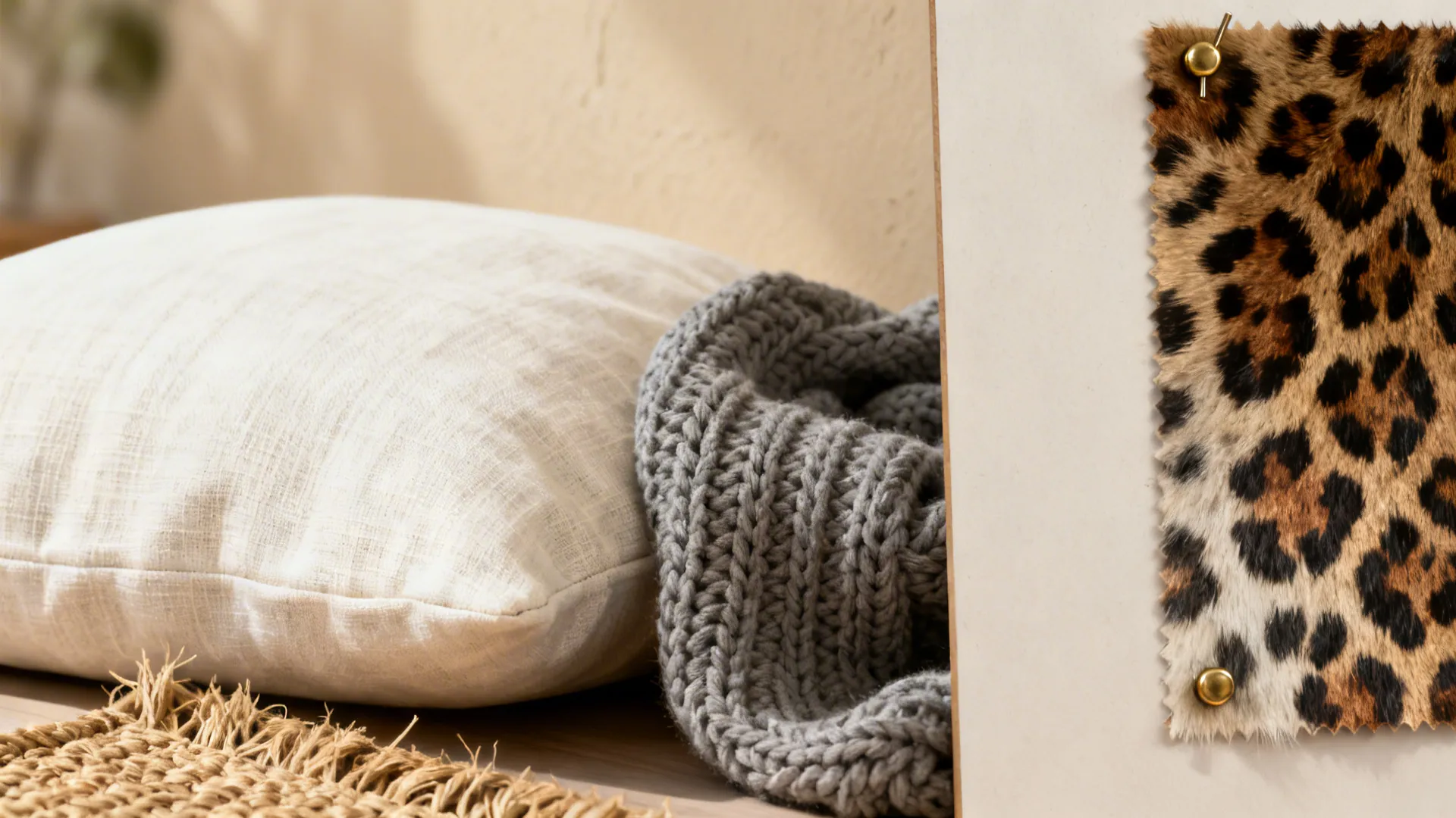 Material close-up showing beige wall, knit throw, jute rug and a leopard print textile swatch.