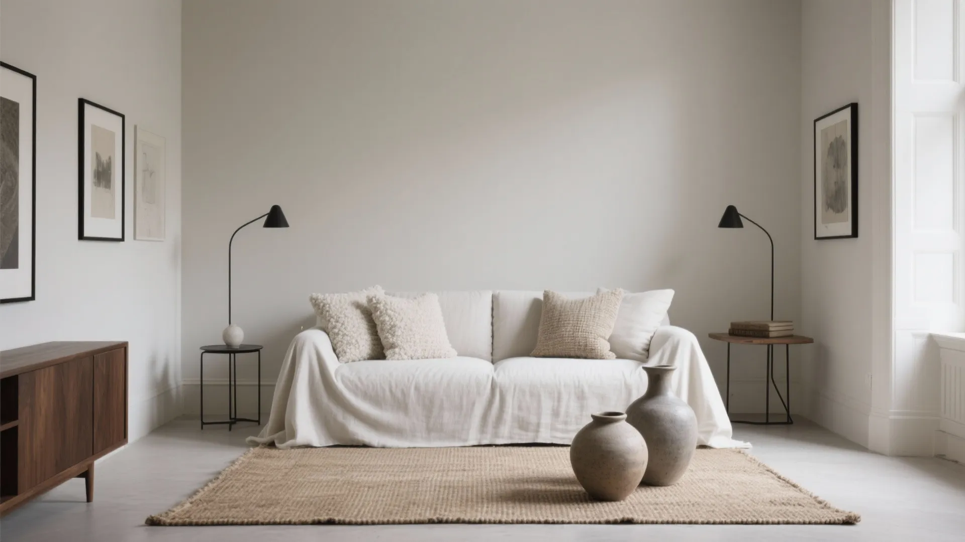 Cozy living room with white sofa jute rug wooden cabinet black floor lamps and large vases