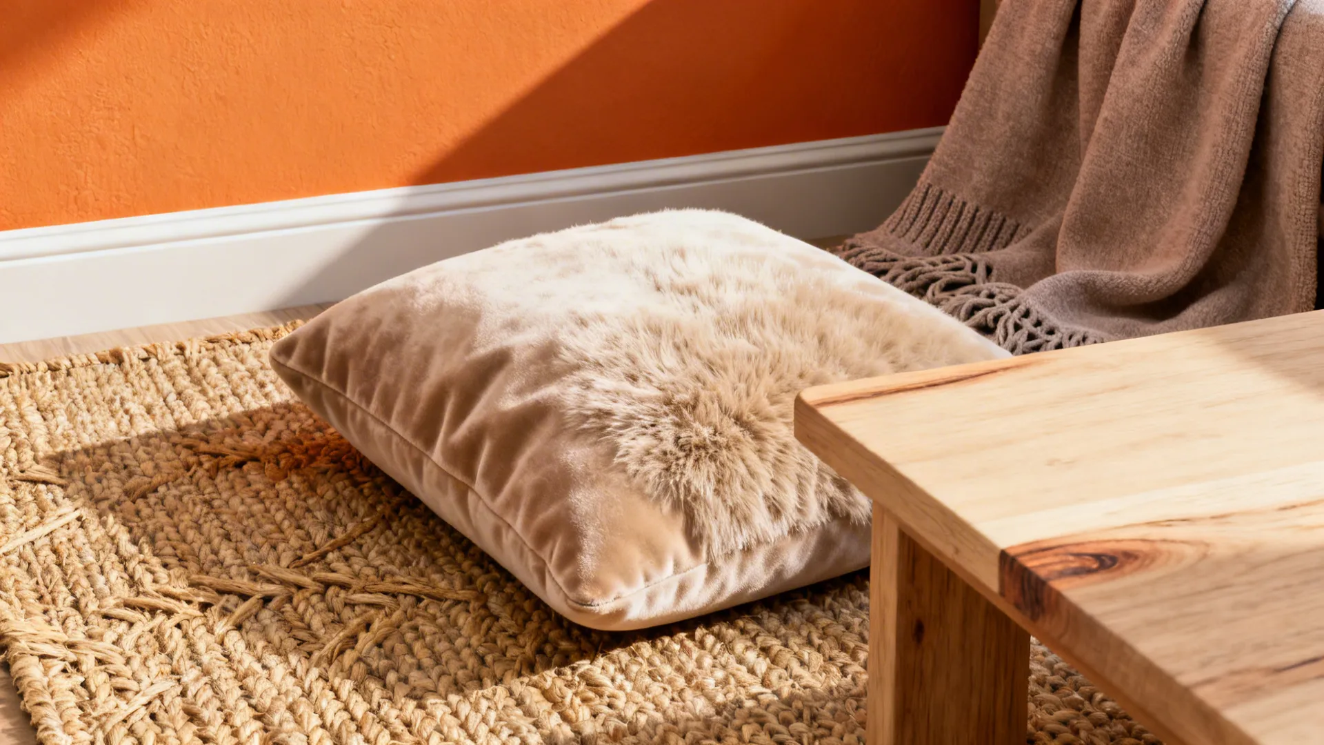 Textured neutrals—woven rug, velvet cushion and wood—against an orange wall