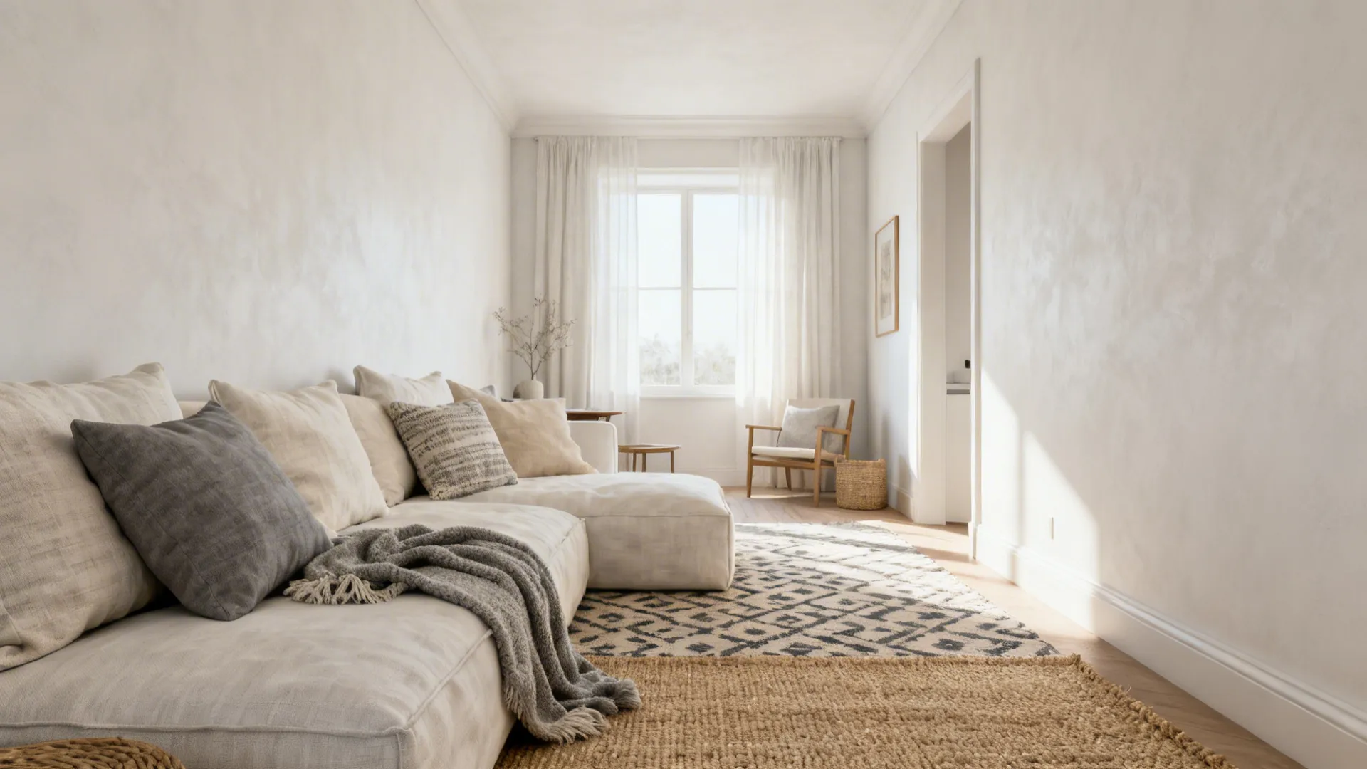 Neutral small living room with layered linen, wool, and jute textures creating depth.
