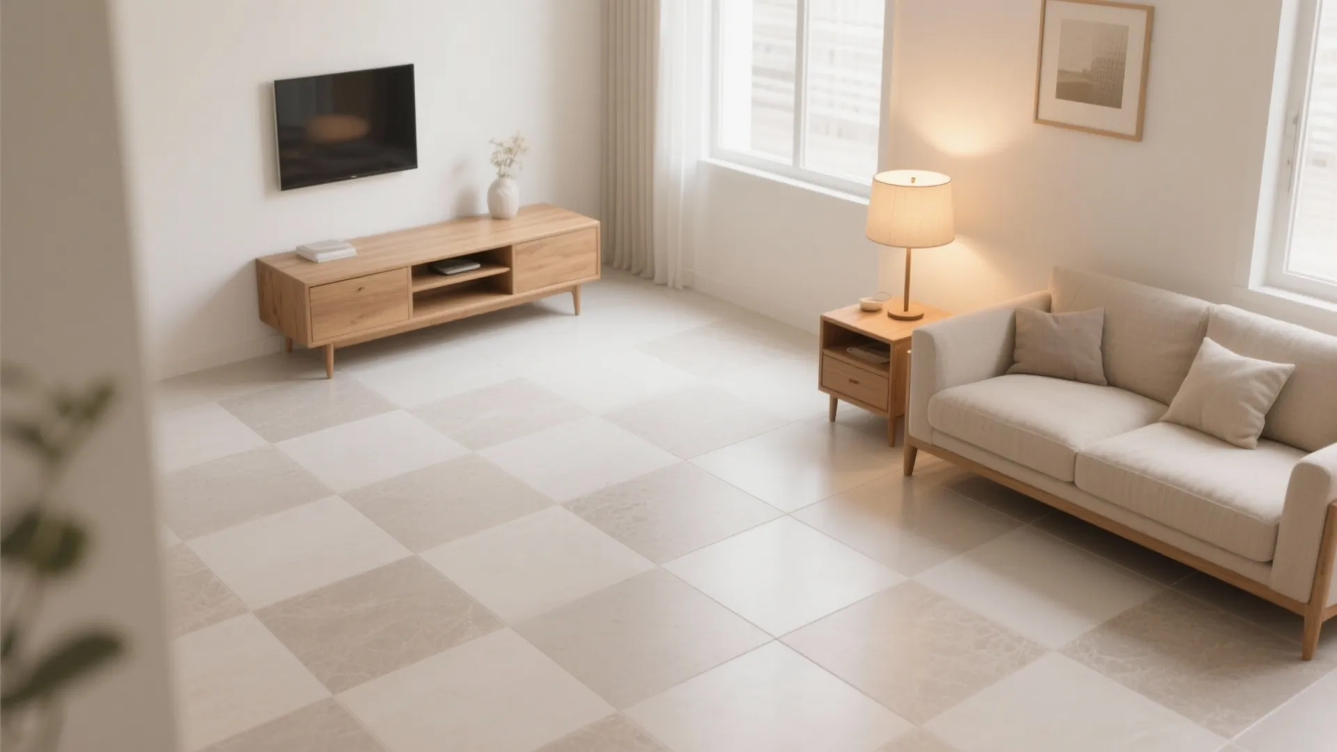 Soft Neutral Tiles for Calm, Light-Filled Living Rooms