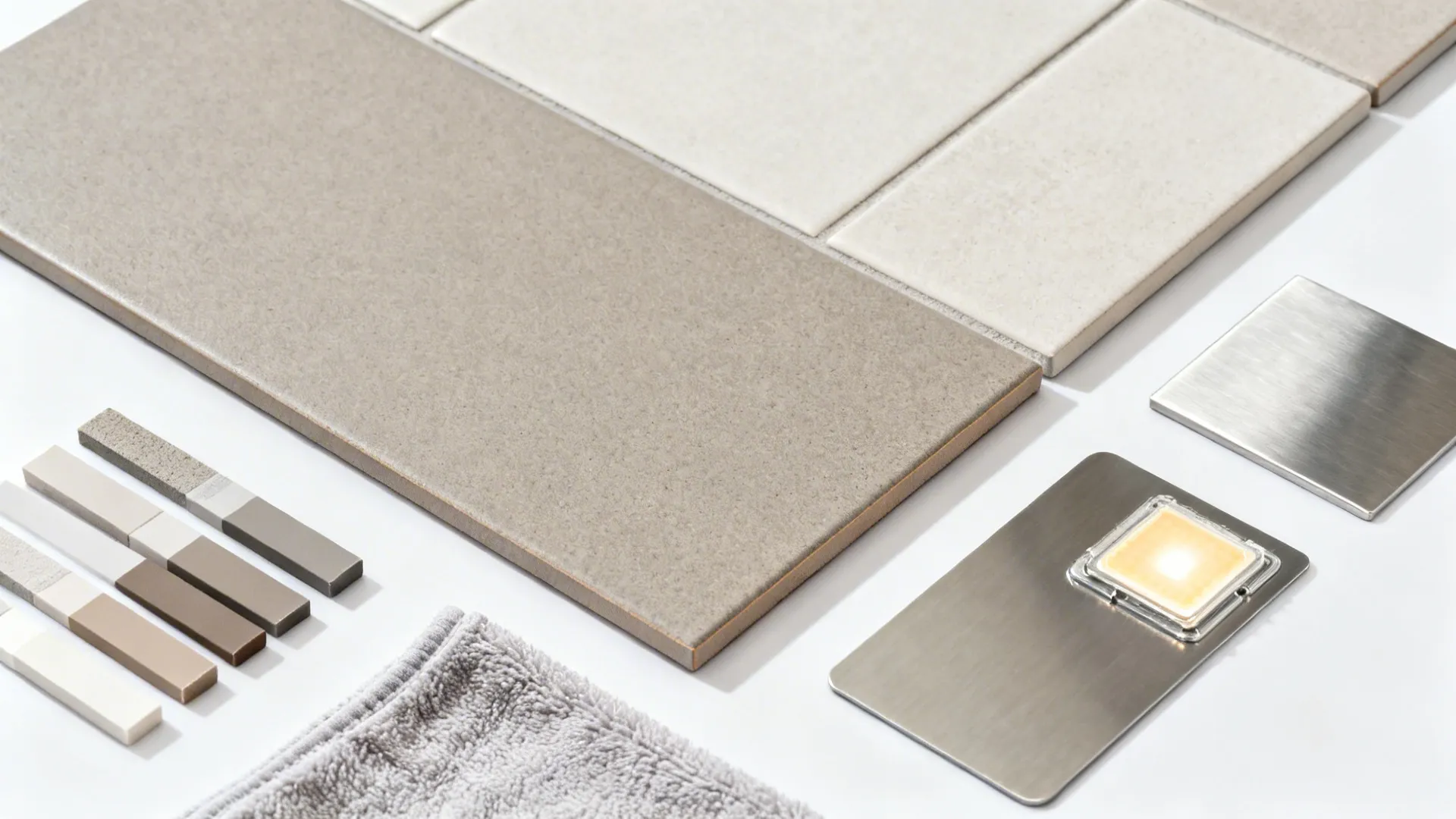 Top-down palette with matte greige porcelain, lighter wall tile, and grout samples.