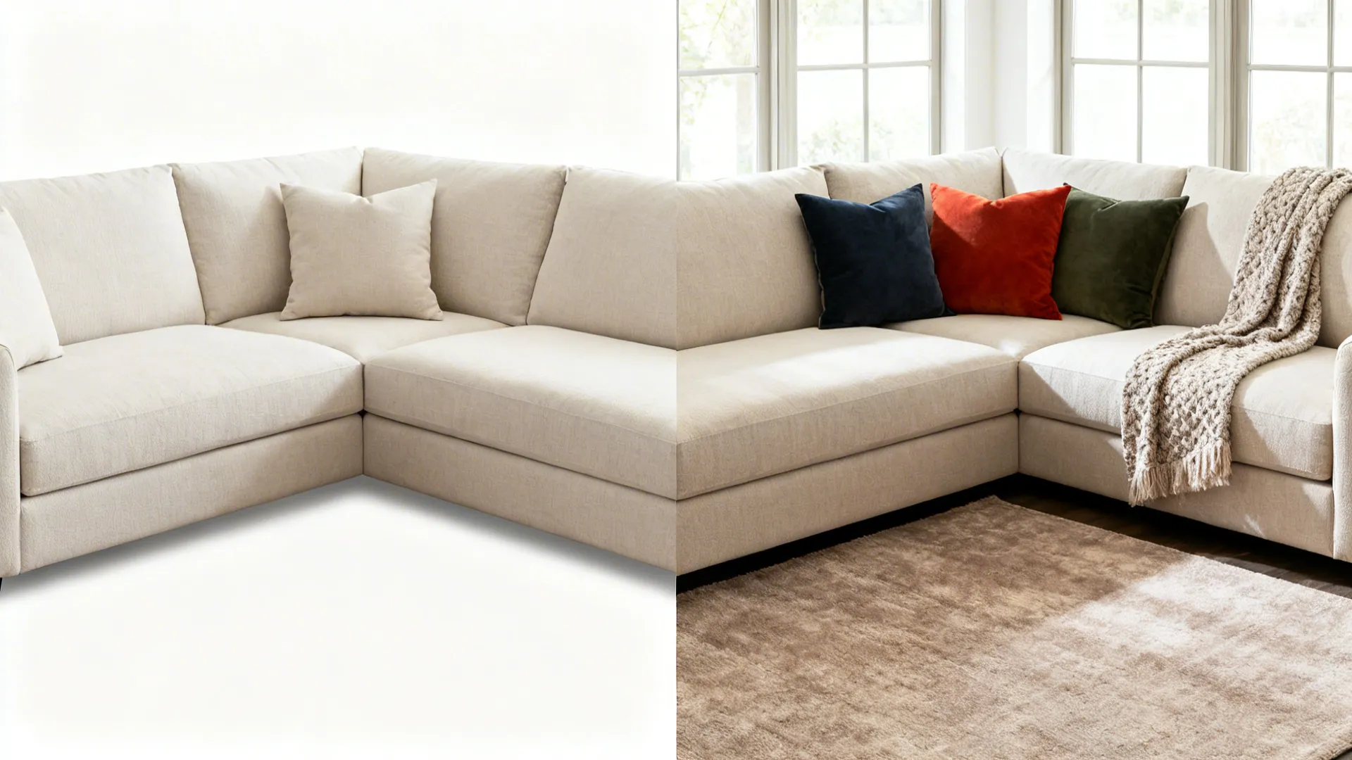 Before-and-after of a neutral U-shaped sofa refreshed with bold pillows and a textured throw.