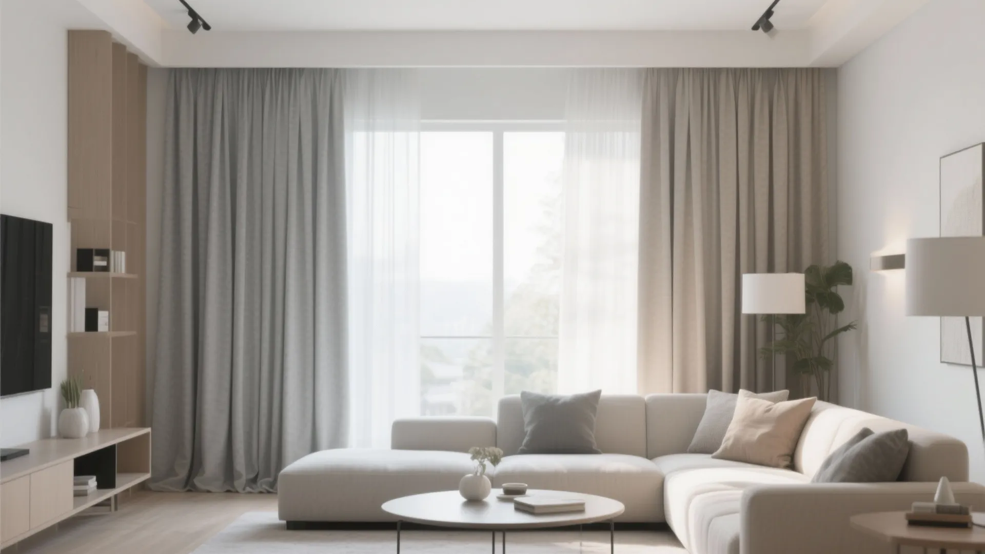 Minimalist living room with neutral tone curtains