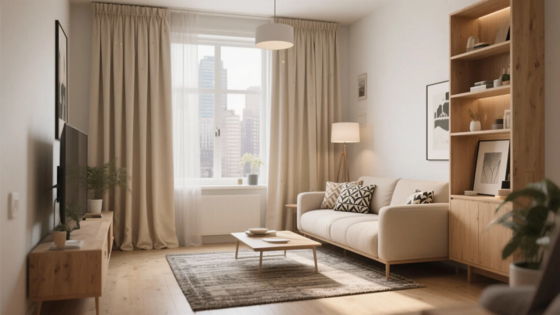 Neutral living room with beige curtains, white sofa, wooden coffee table, bookshelf, and city window