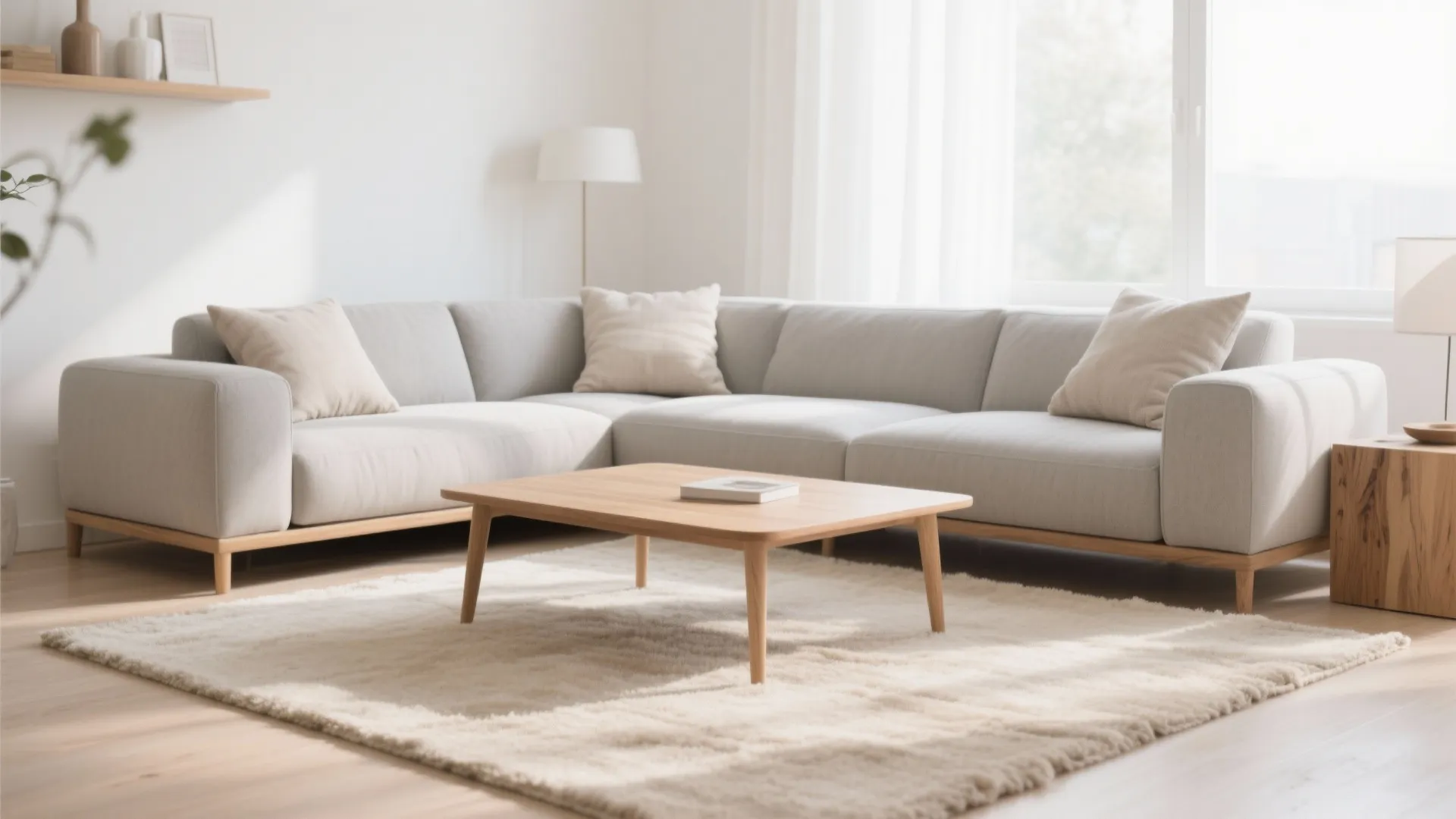 Minimalist white living room with grey corner sofa light wood coffee table and fluffy rug