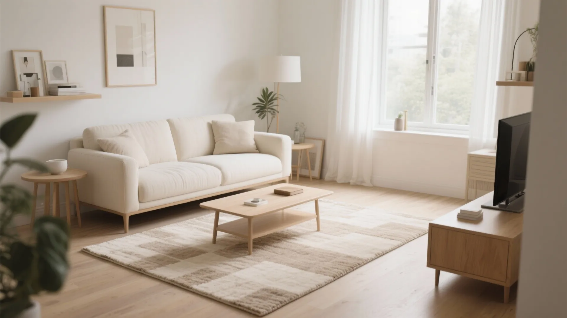 Living room with beige 5x7 rug and light neutral furnishings