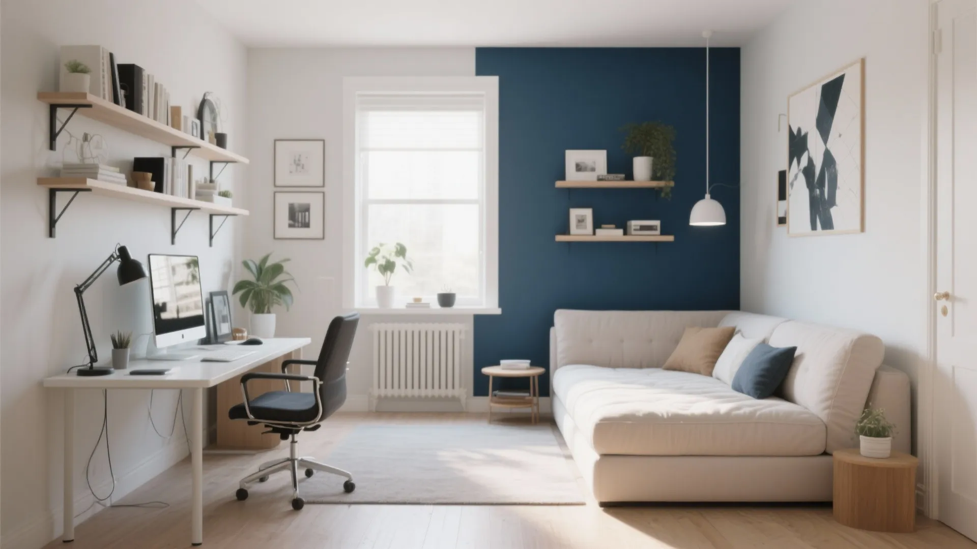 Light neutral tones in home office with bold navy wall
