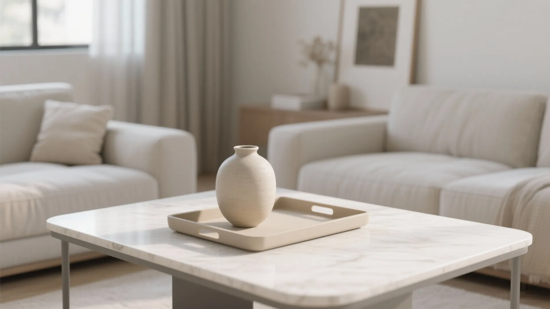 Modern beige vase and tray placed on a marble coffee table with white sofas behind