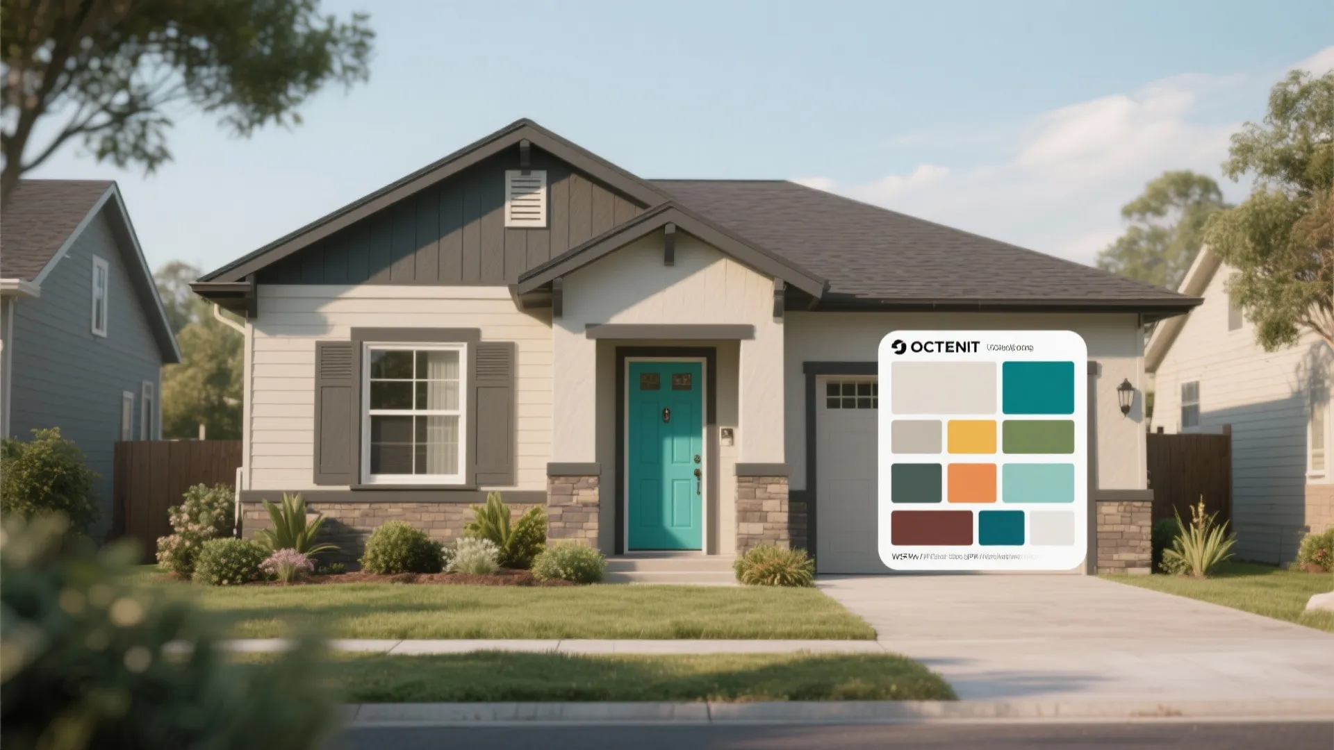Modern house with teal front door and a color palette showing different exterior paint options
