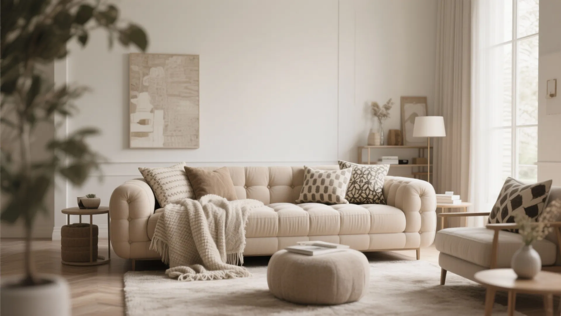 Beige tufted sofa styled with textured layers
