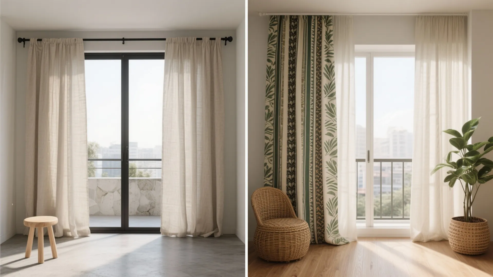Split view of a balcony: left shows minimalist neutral sheers, right shows a boho patterned panel paired with solids.