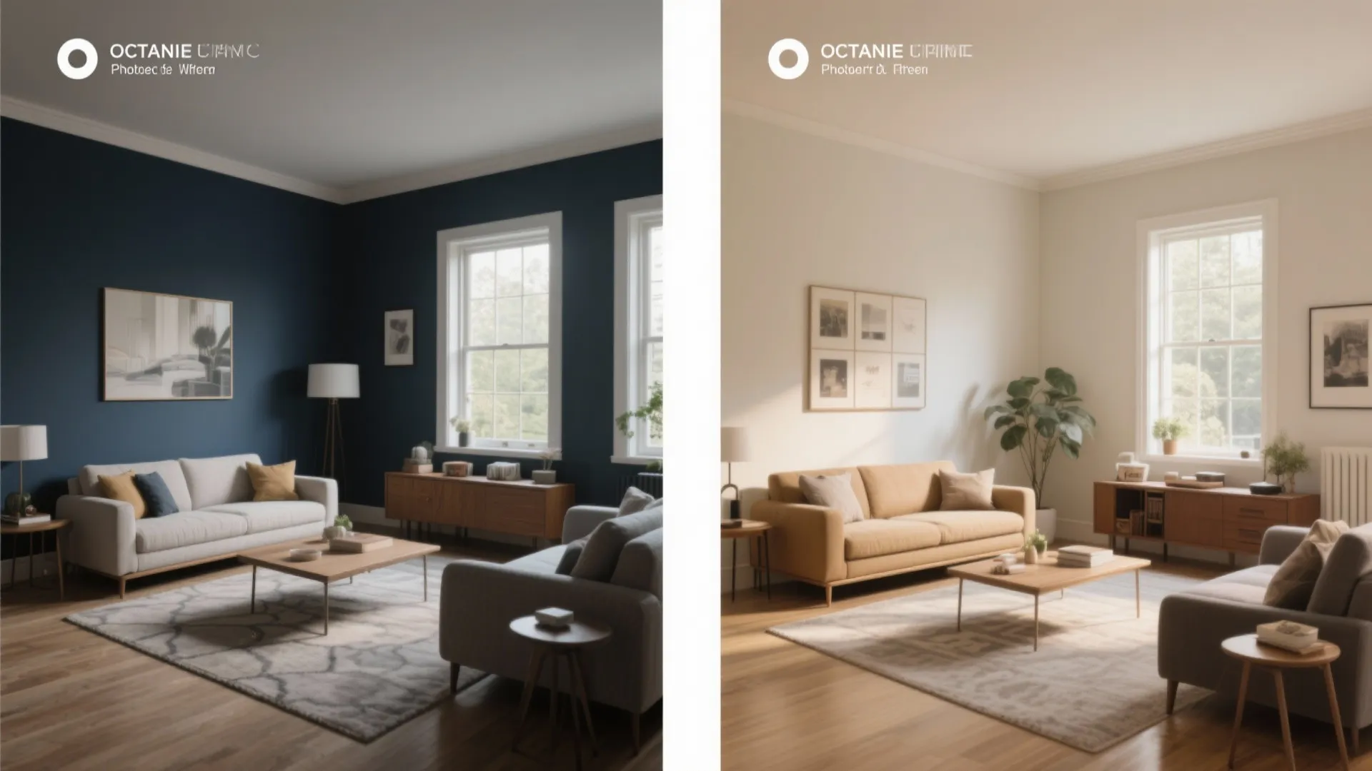 Before and after comparison of living room with dark blue walls versus light cream wall paint