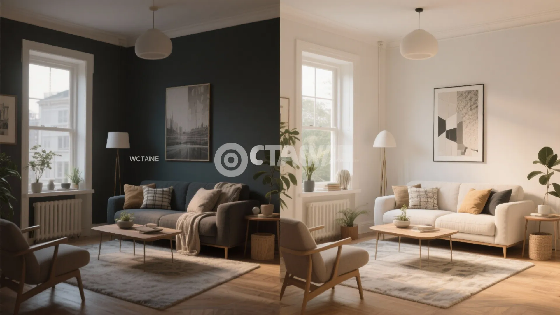 Before and after comparison showing living room with dark blue walls versus bright white wall paint