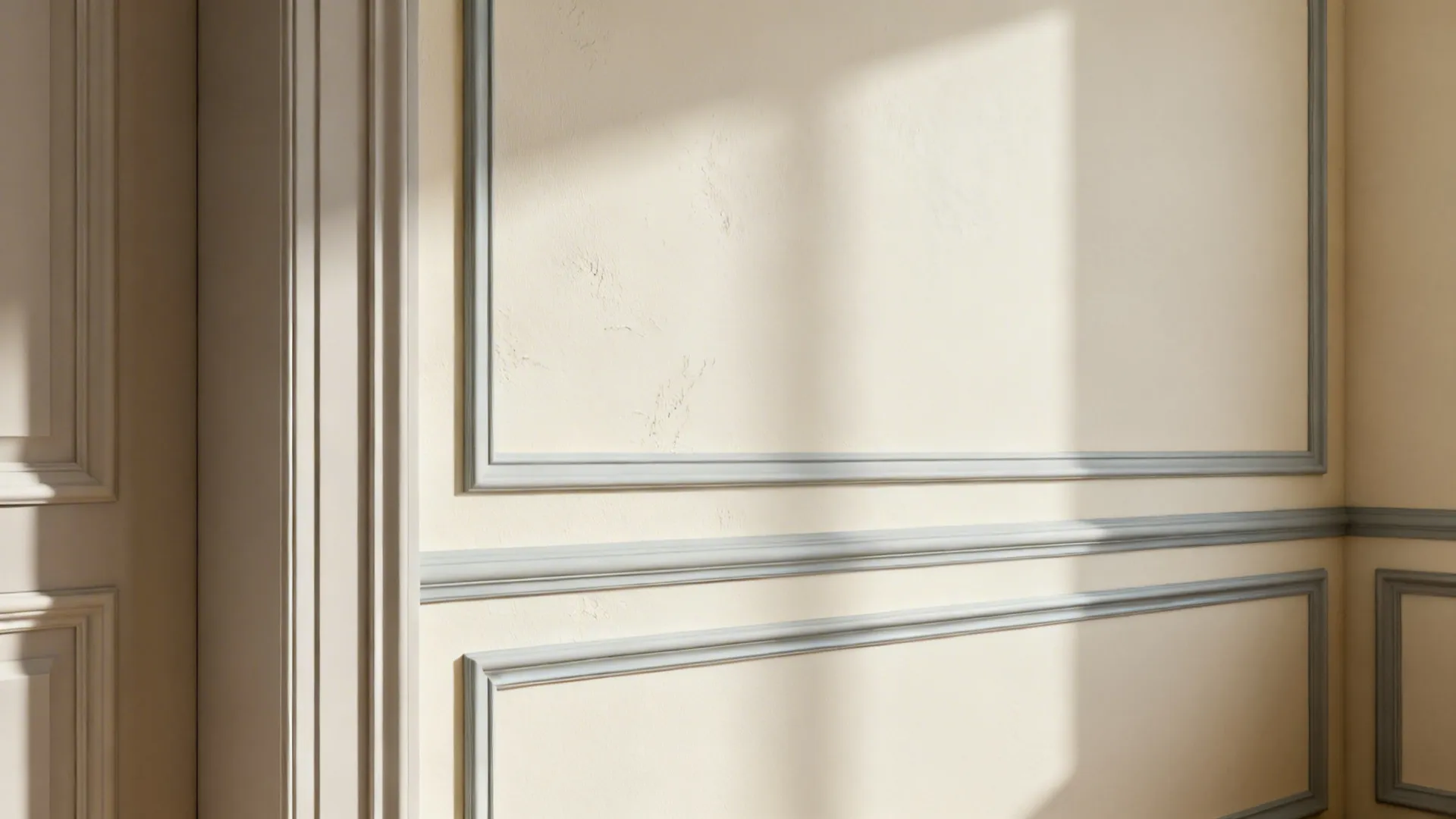 Detail of warm off-white wall and pale grey trim showing paint texture and depth