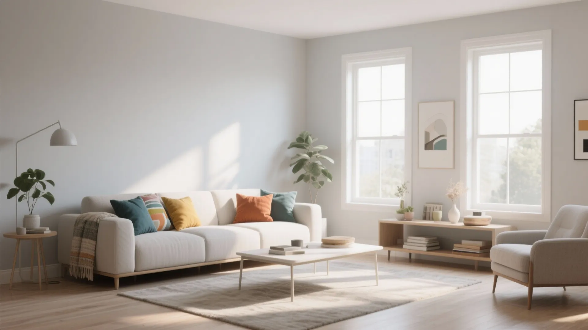 White sofa with colorful pillows wooden coffee table and big windows in bright living room
