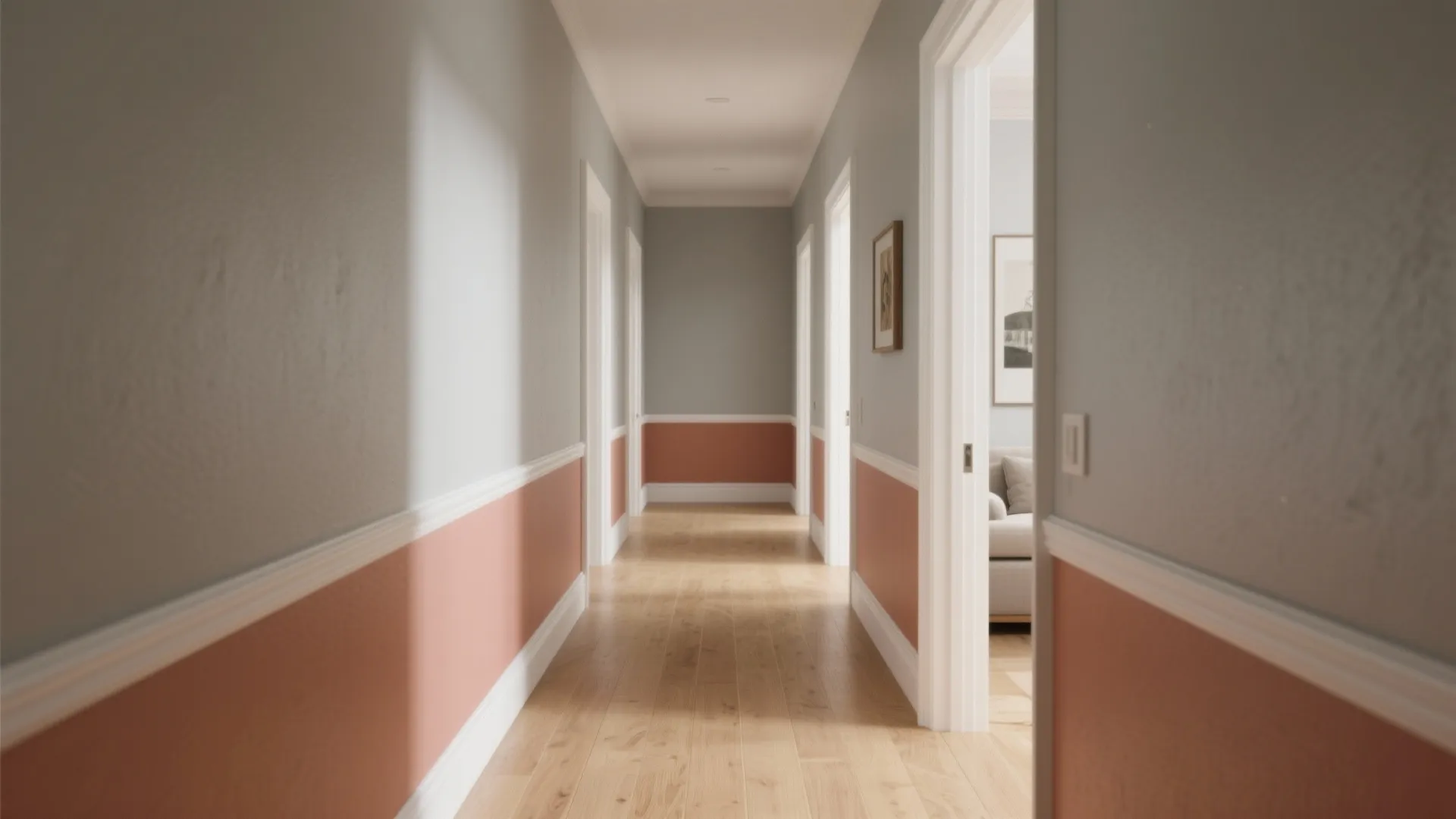 Long hallway with grey and pink wall panels wood flooring white doors and warm light