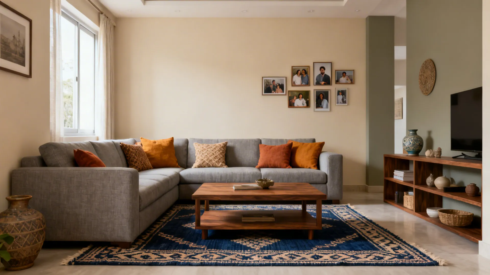 Living room with beige walls, gray sofa, ochre and terracotta accents, and walnut finishes for warmth.