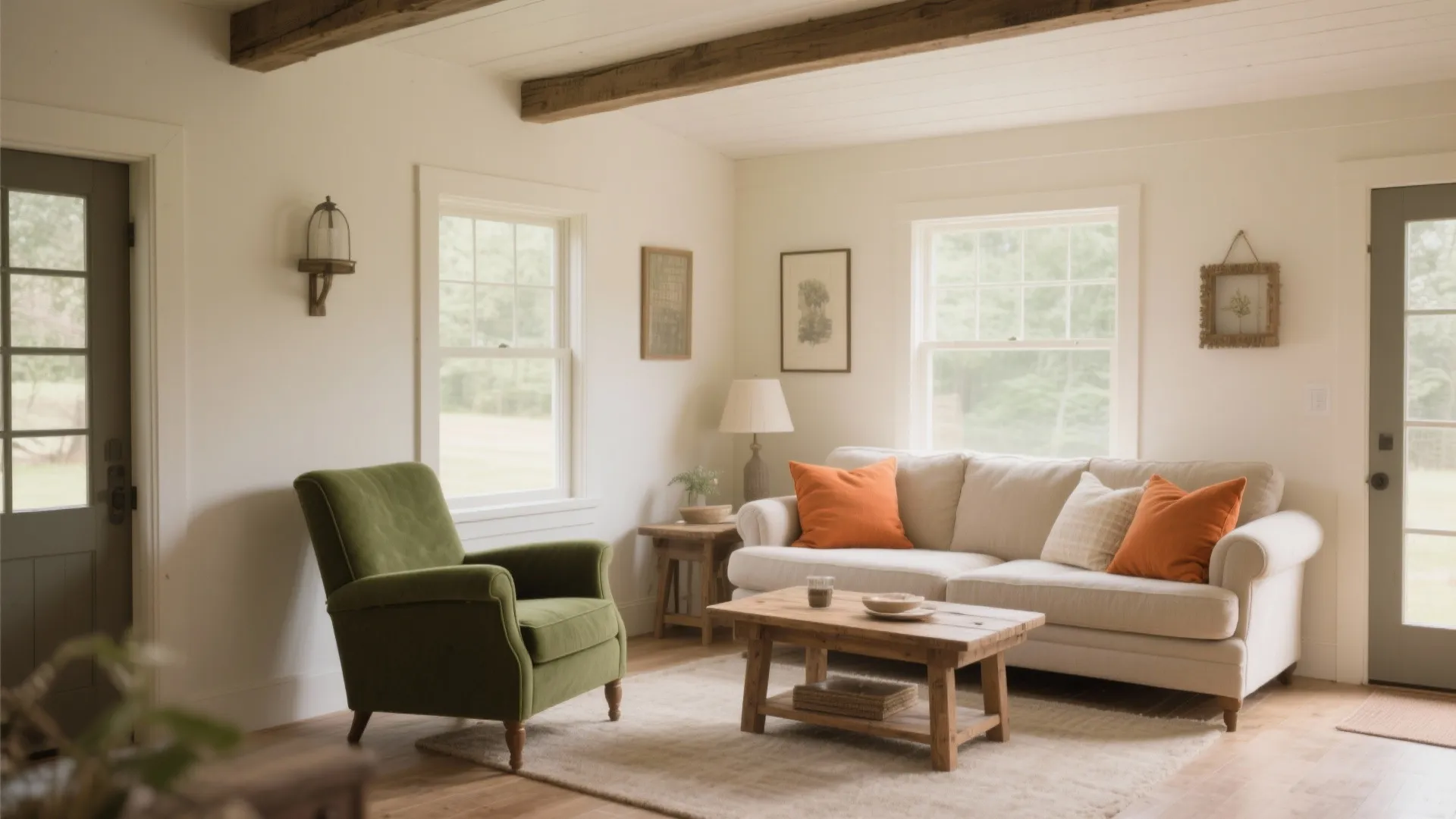 Warm farmhouse interior featuring white sofa green armchair orange pillows and wooden coffee table decor
