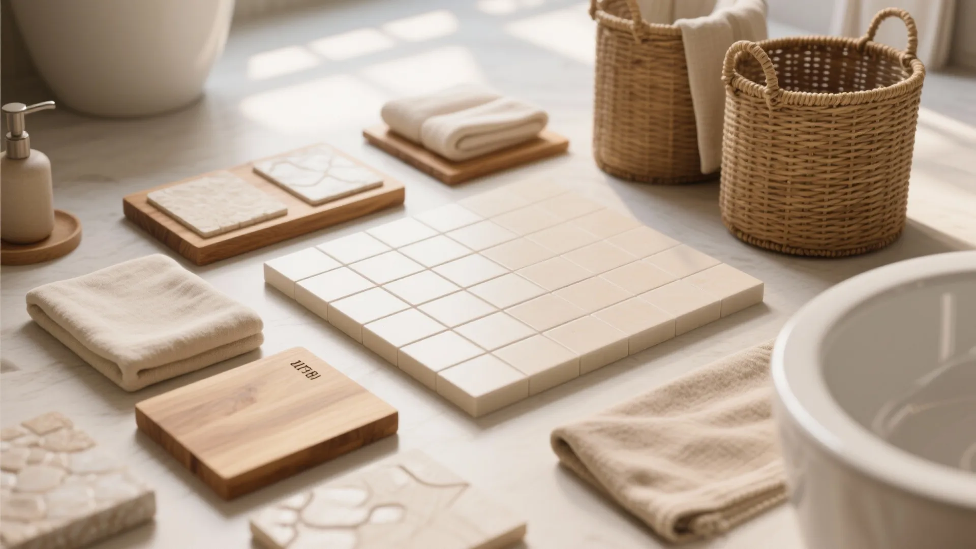 Assorted bathroom material samples including beige tiles wood blocks woven baskets and soft cotton towels
