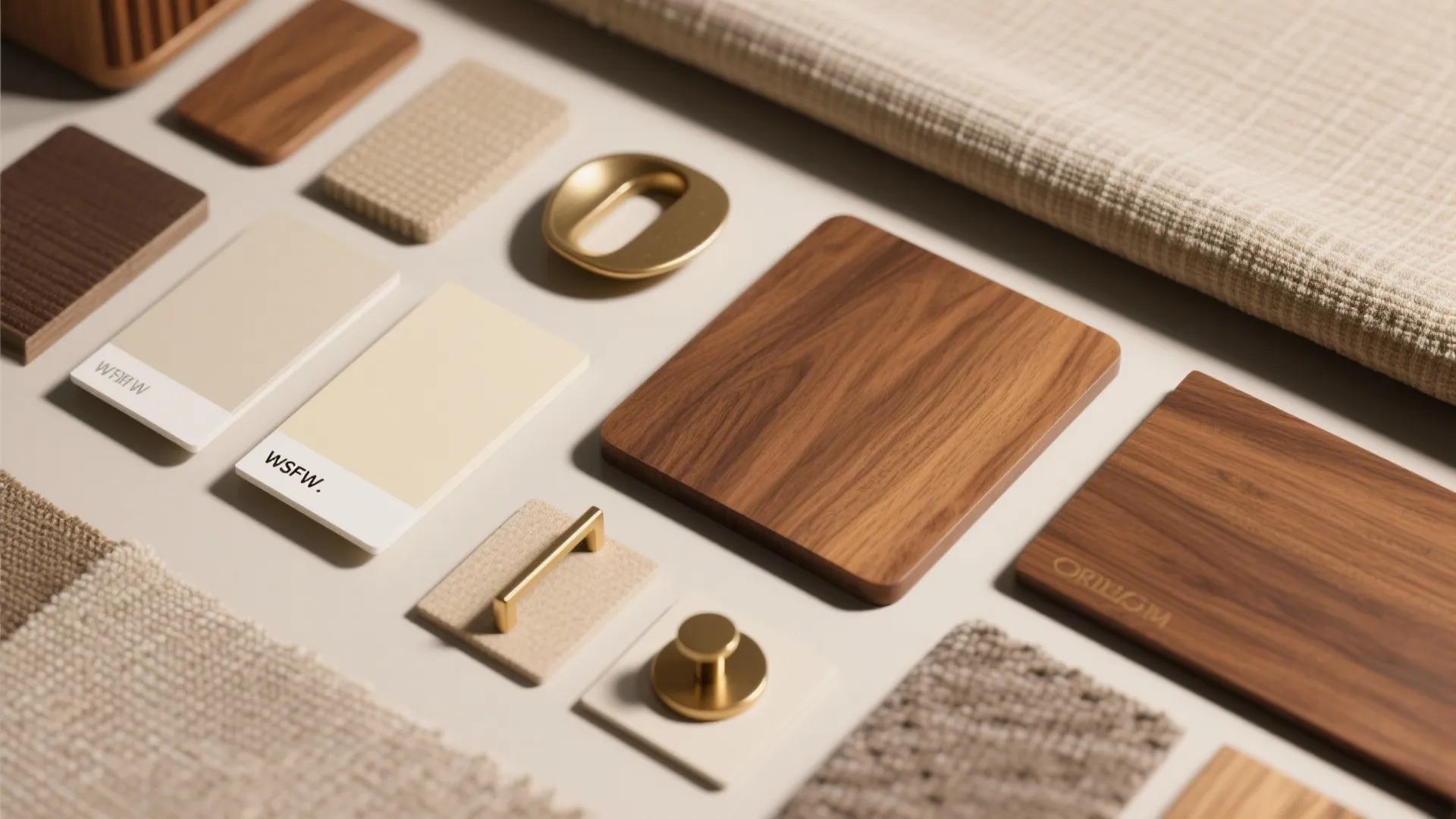 Interior design material board with wood samples fabric swatches paint cards and gold metal handles