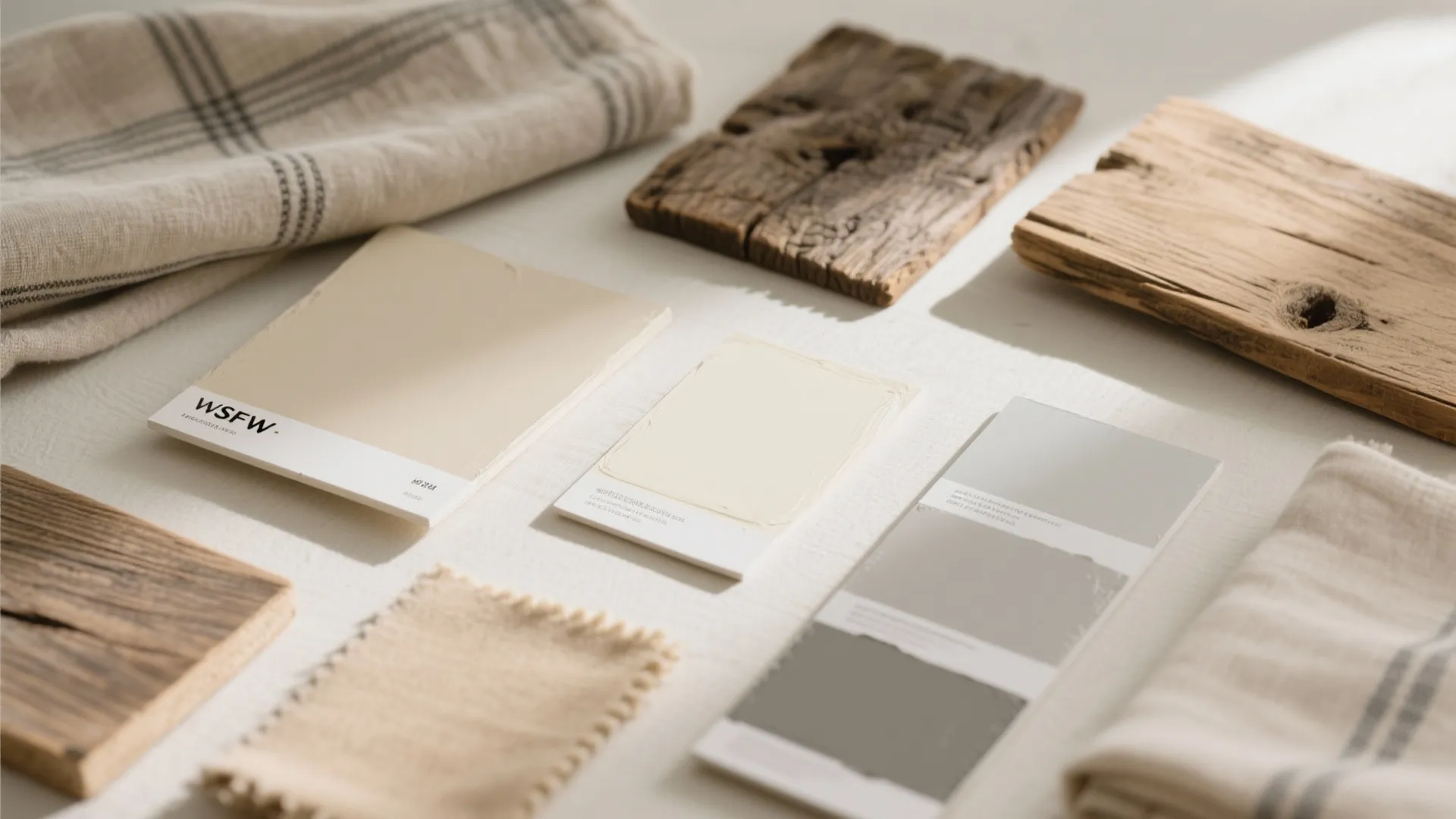 Interior design mood board with neutral color paint samples wood blocks and soft fabric pieces
