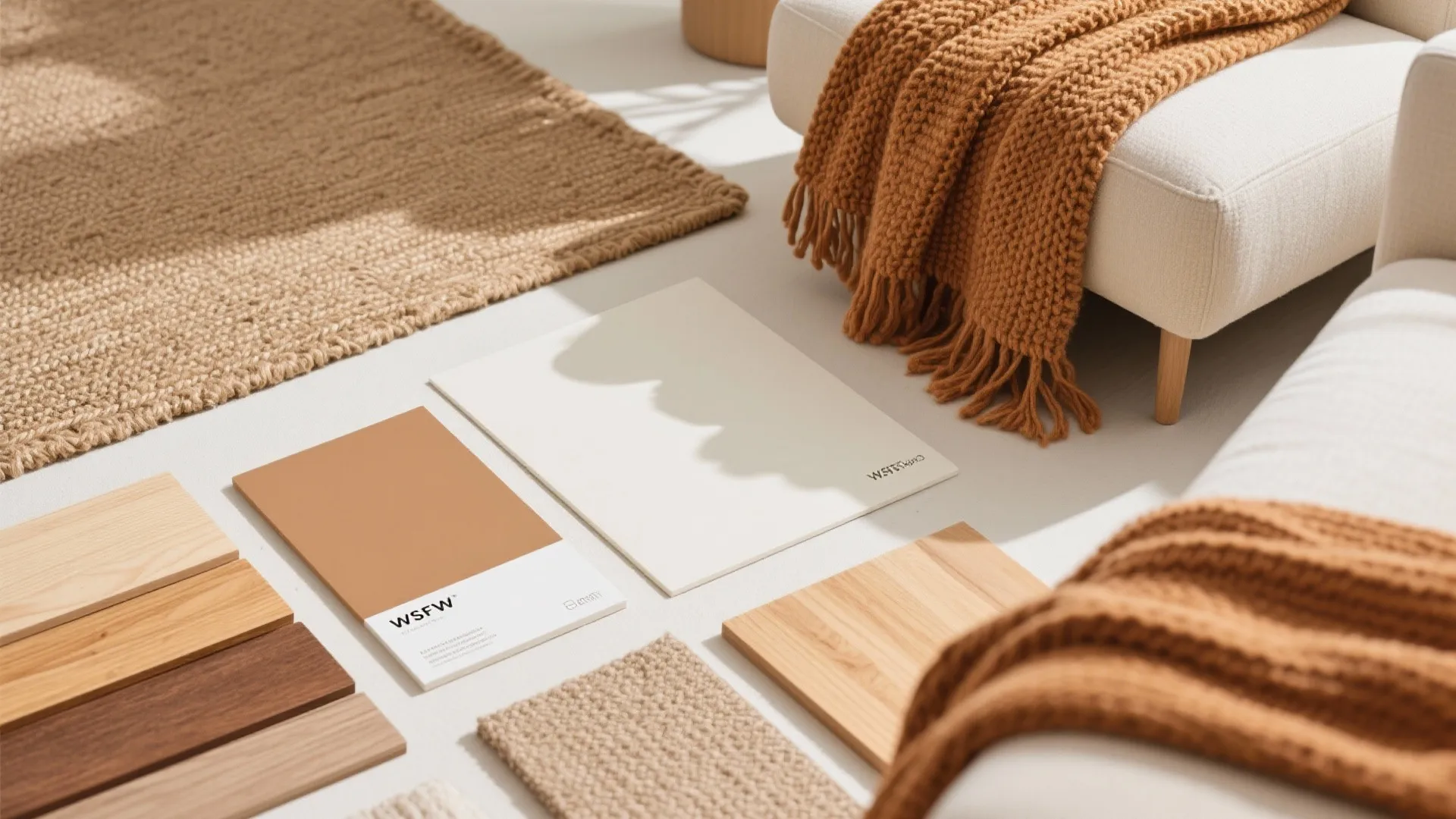 Interior design materials including wood samples fabric and color palettes on floor next to sofa