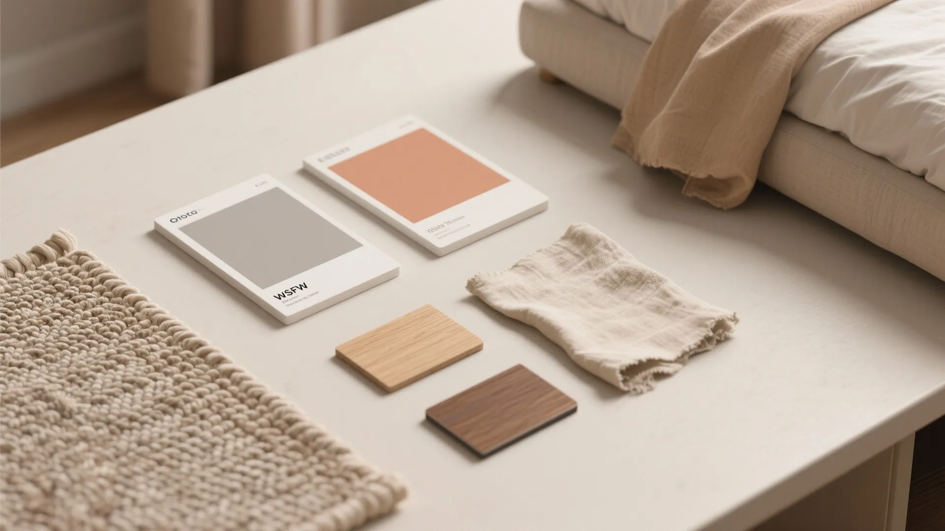 Flatlay of warm beige, greige, muted terracotta swatches with linen and woven textures.