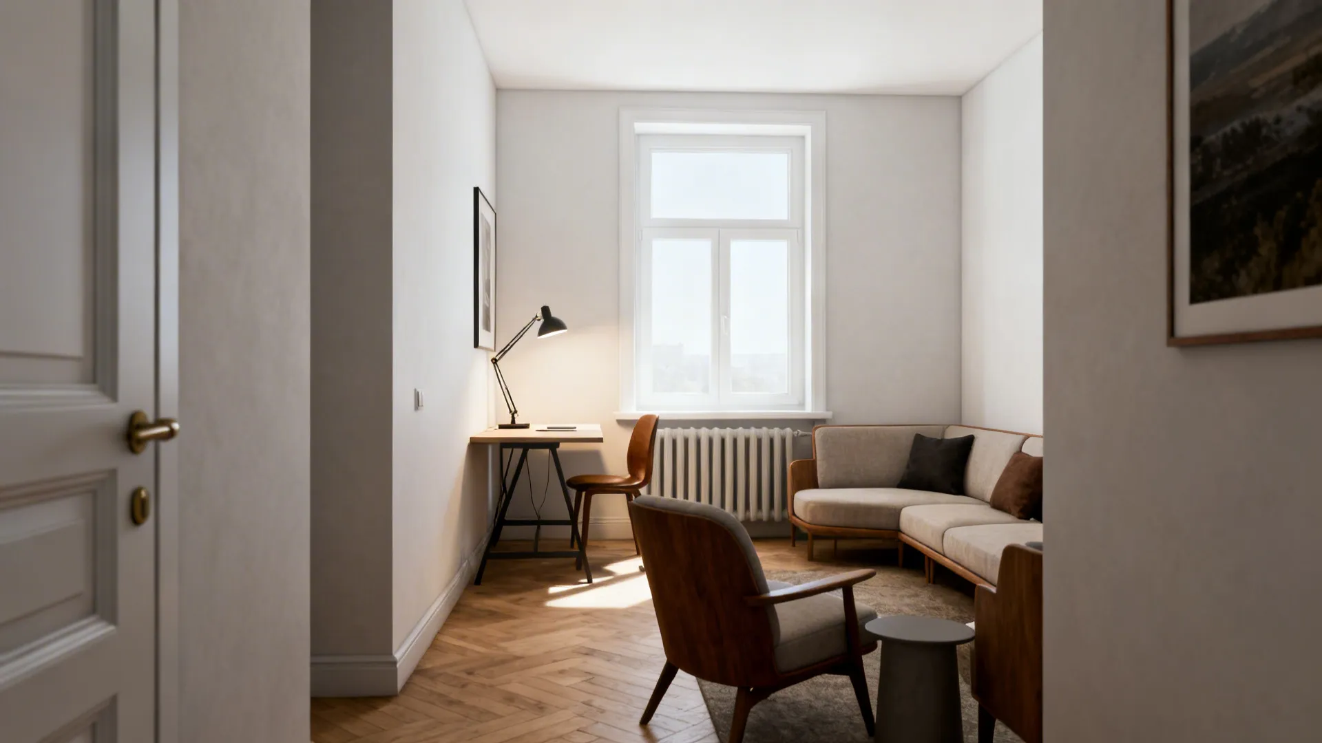 Open small living space lit by neutral white light showing accurate colors and multifunctional zones.