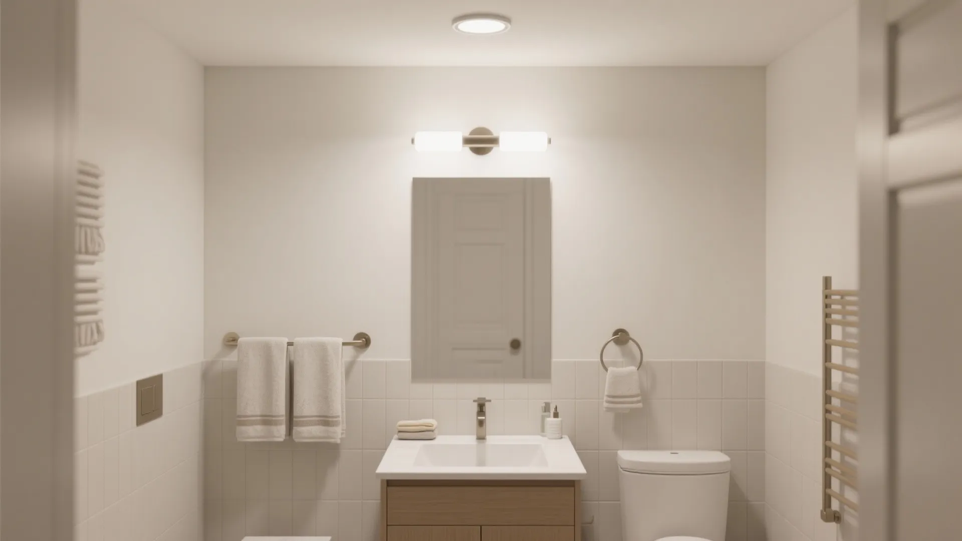 Neutral white bathroom featuring wooden cabinet white sink wall light mirror and a white toilet