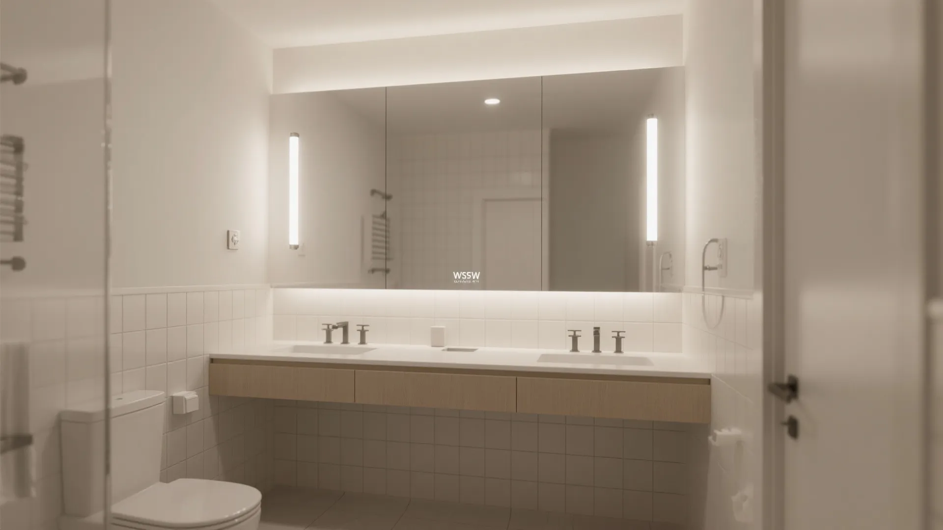 Modern white bathroom with large backlit mirror double sinks toilet and clean tile wall panel design
