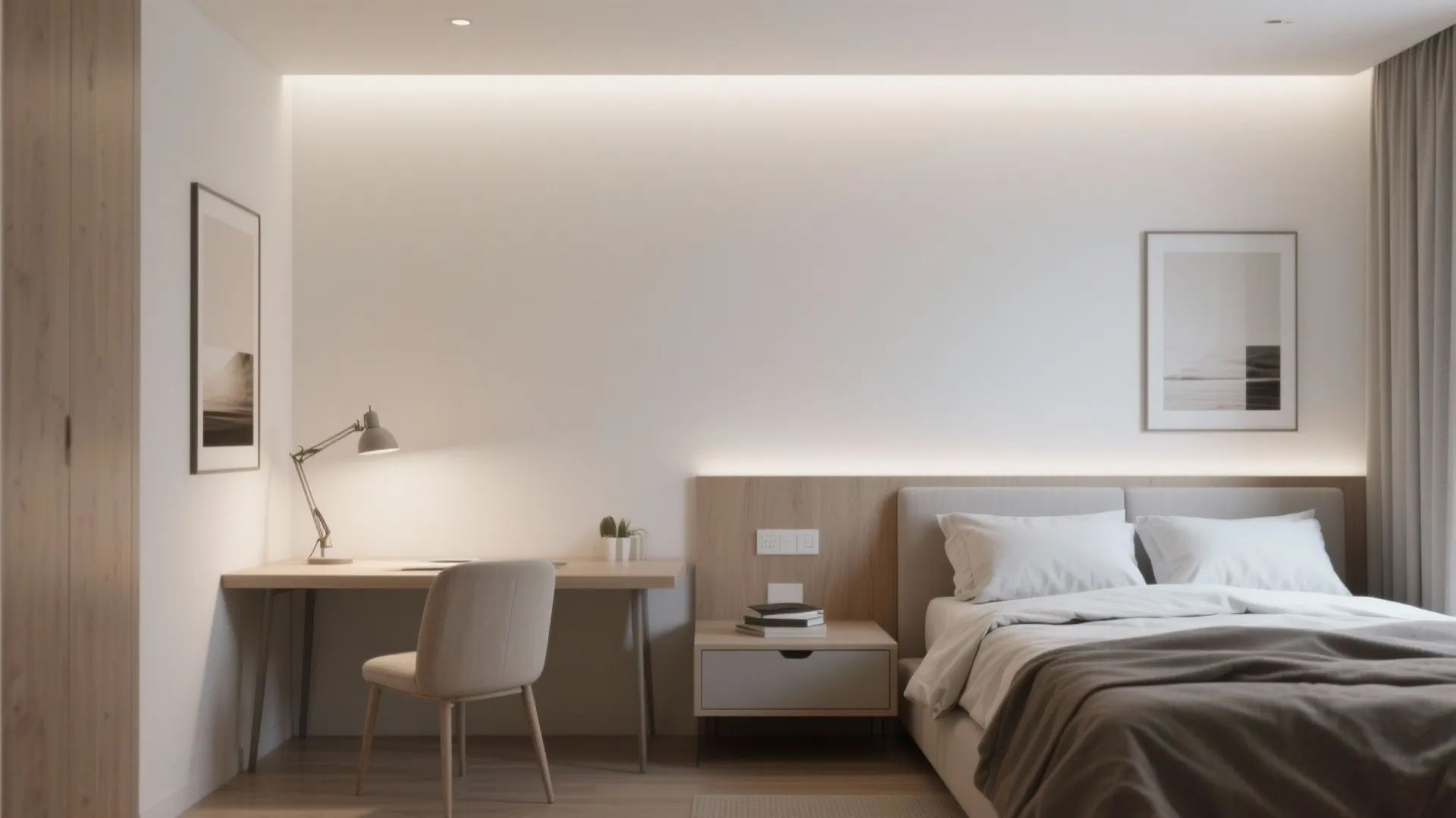 Modern minimalist bedroom featuring wooden desk, grey chair, bed, white walls, and warm cove lighting