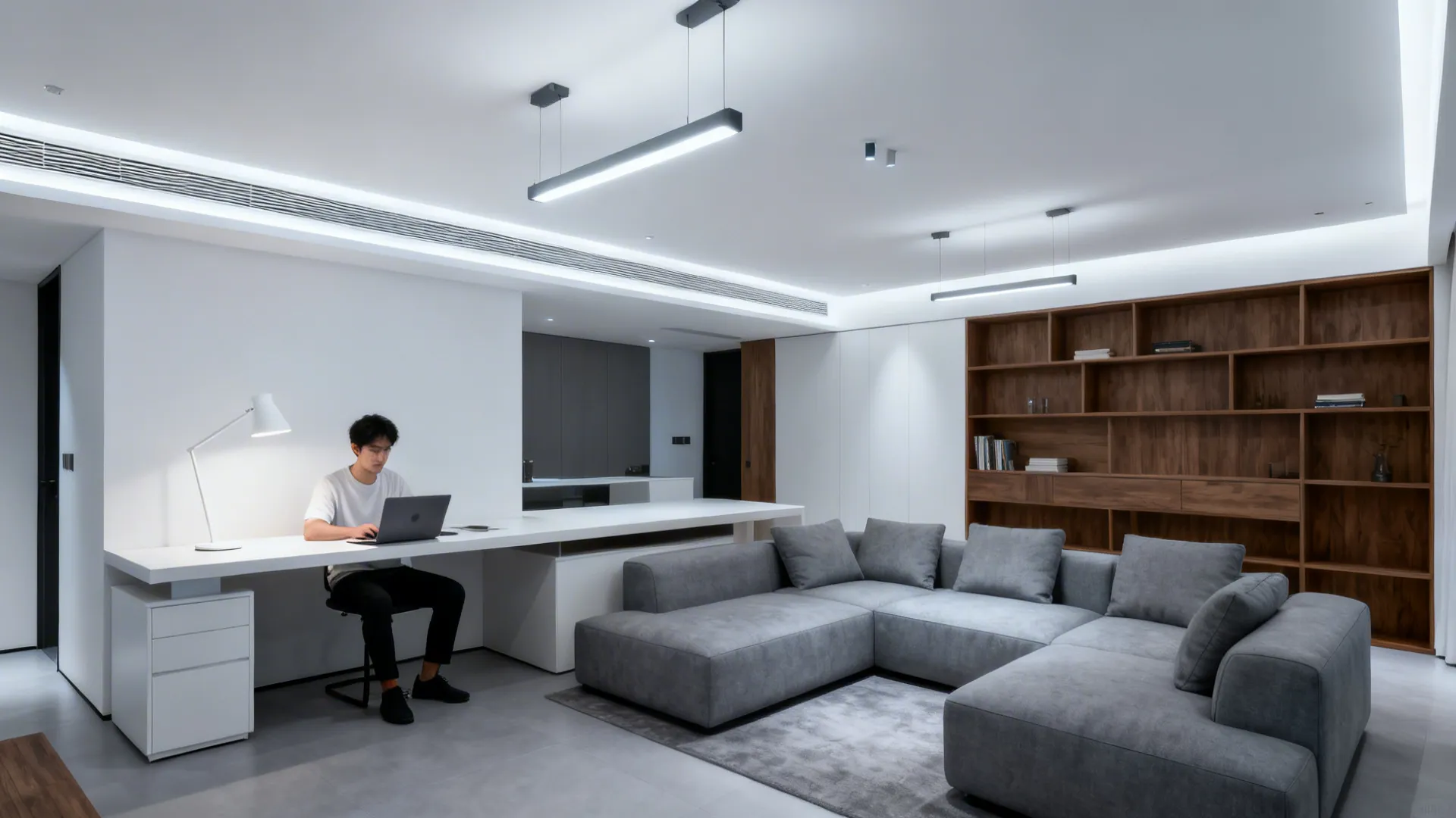 Living room with neutral white ambient light showing a workspace and balanced materials.