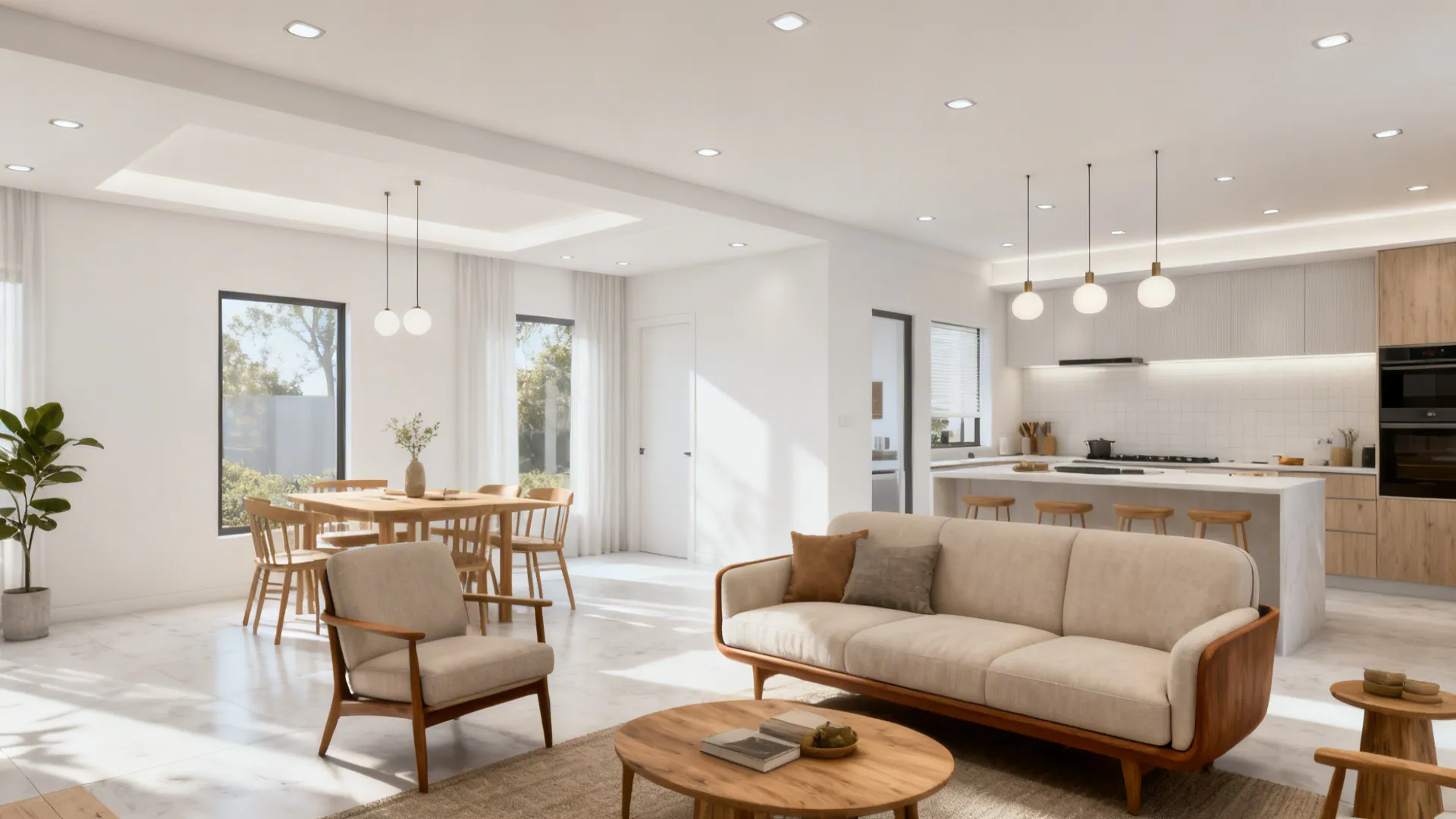 Open-plan living and kitchen area lit by neutral white lighting maintaining true colors.