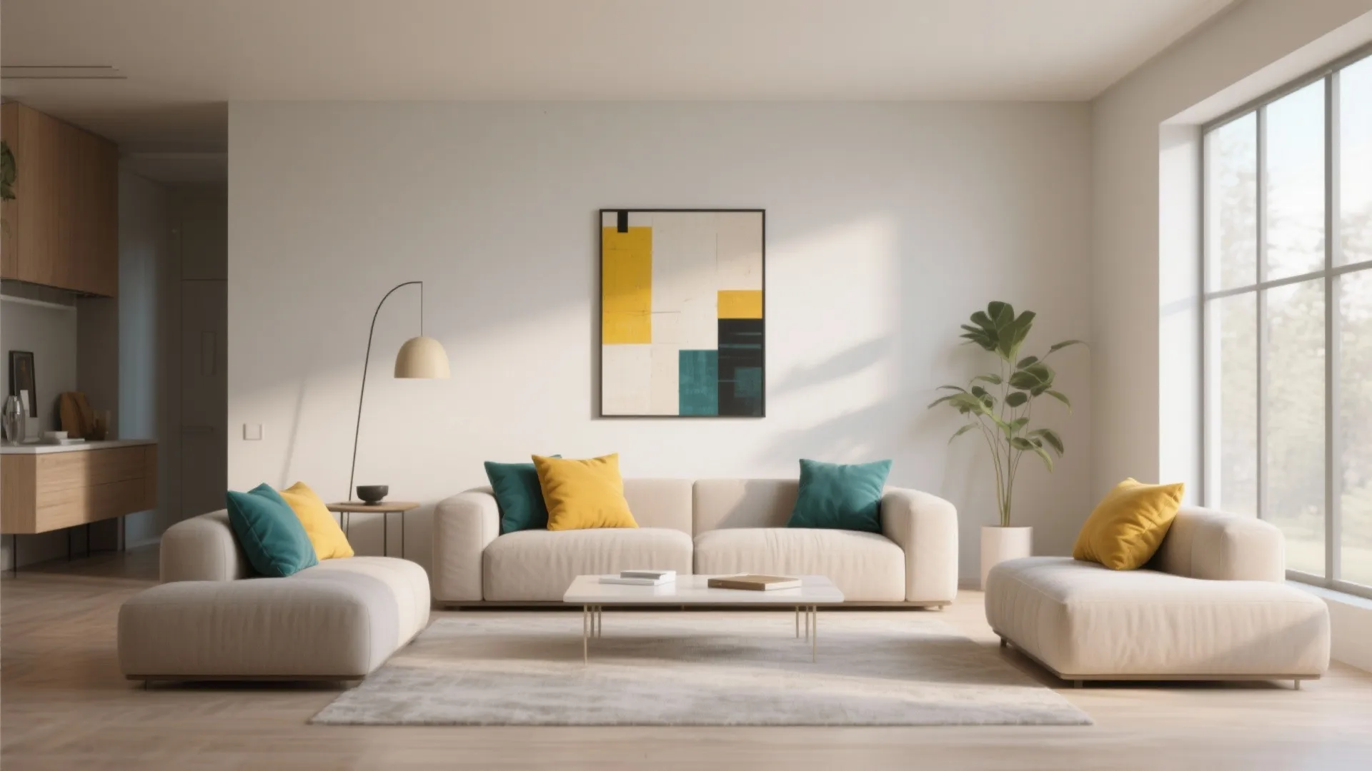 Minimalist living room with neutral base and bold-colored accents