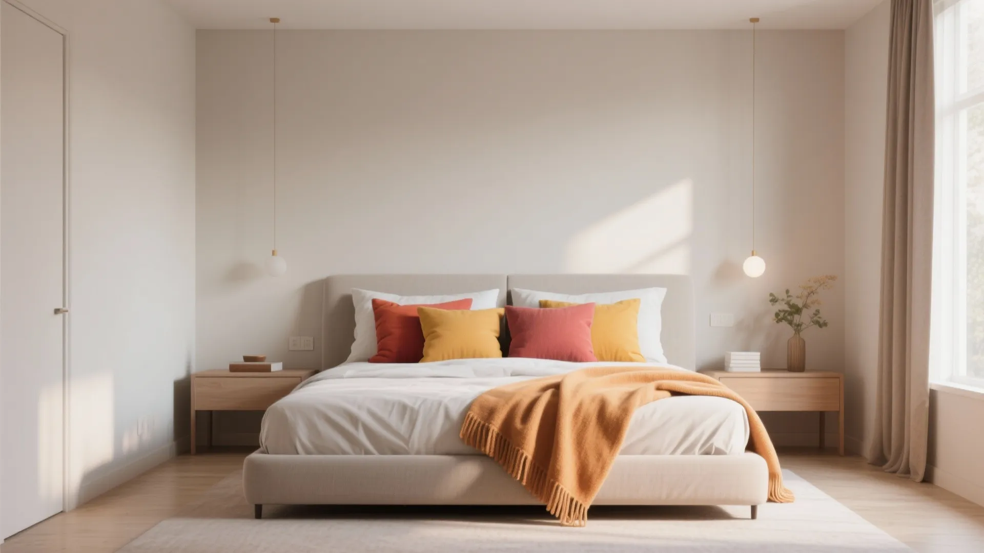 Minimalist bedroom with neutral walls featuring colorful pillows and an orange blanket on the bed