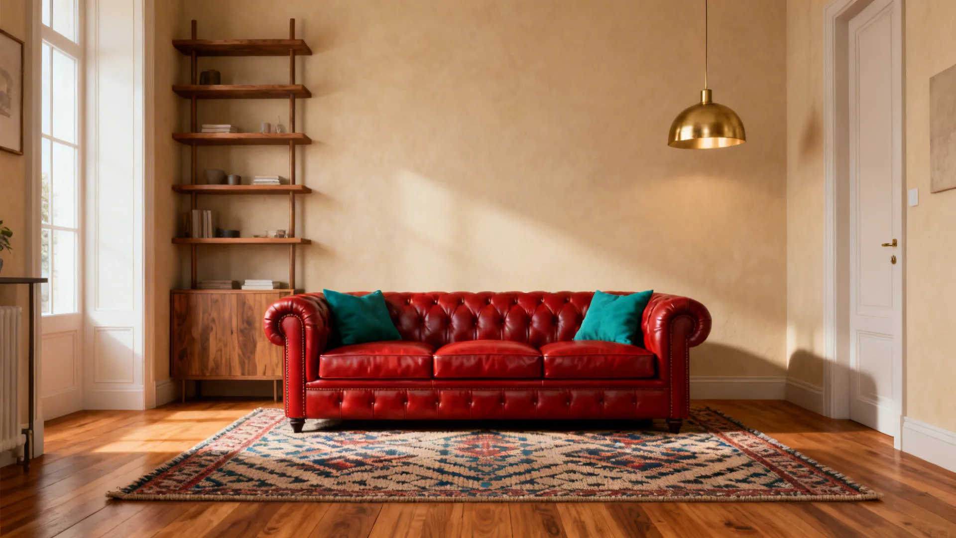 Red leather sofa against warm beige walls with oak flooring and brass lighting.