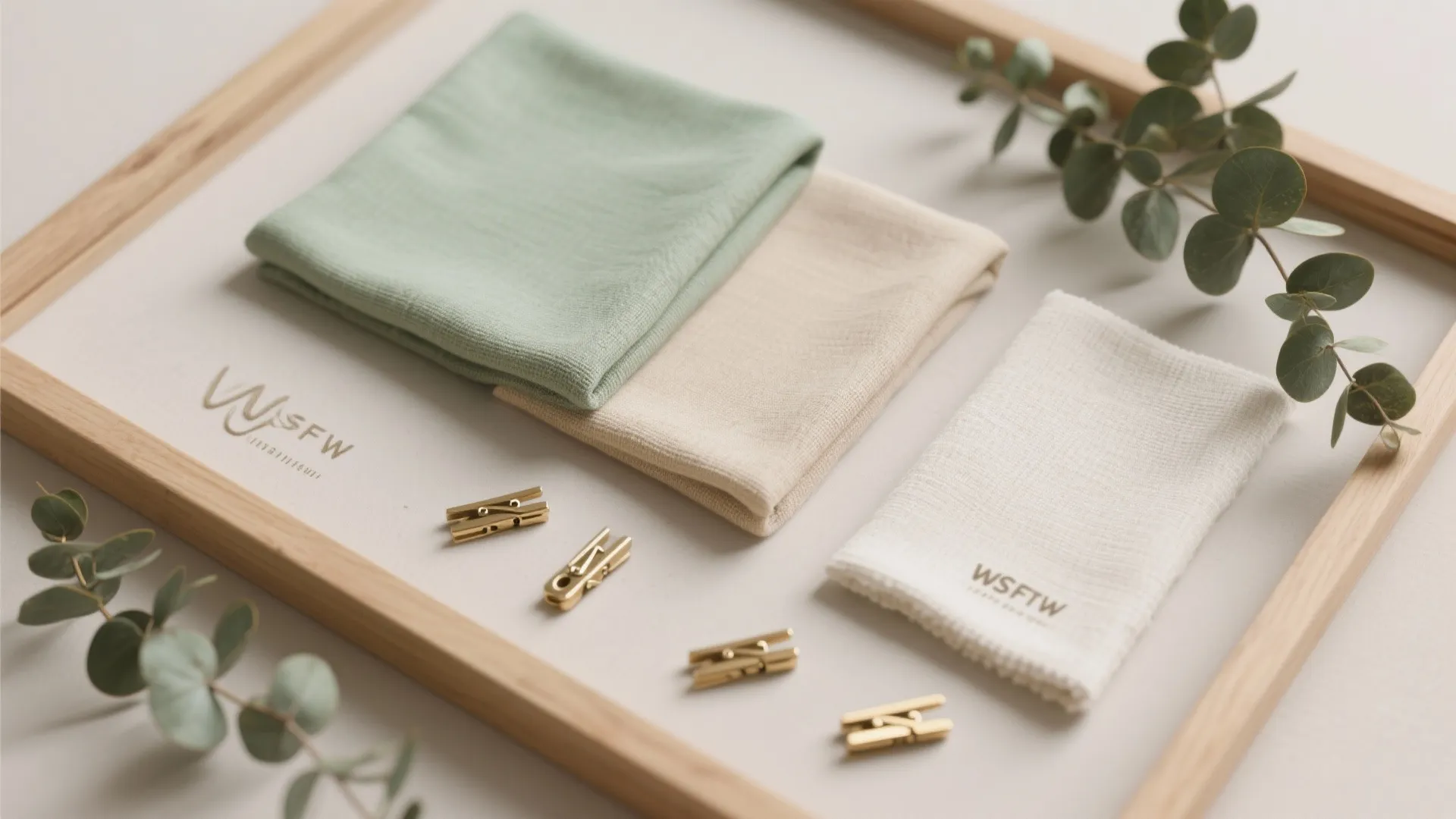 Folded fabric samples in green beige and white placed inside a light wooden picture frame