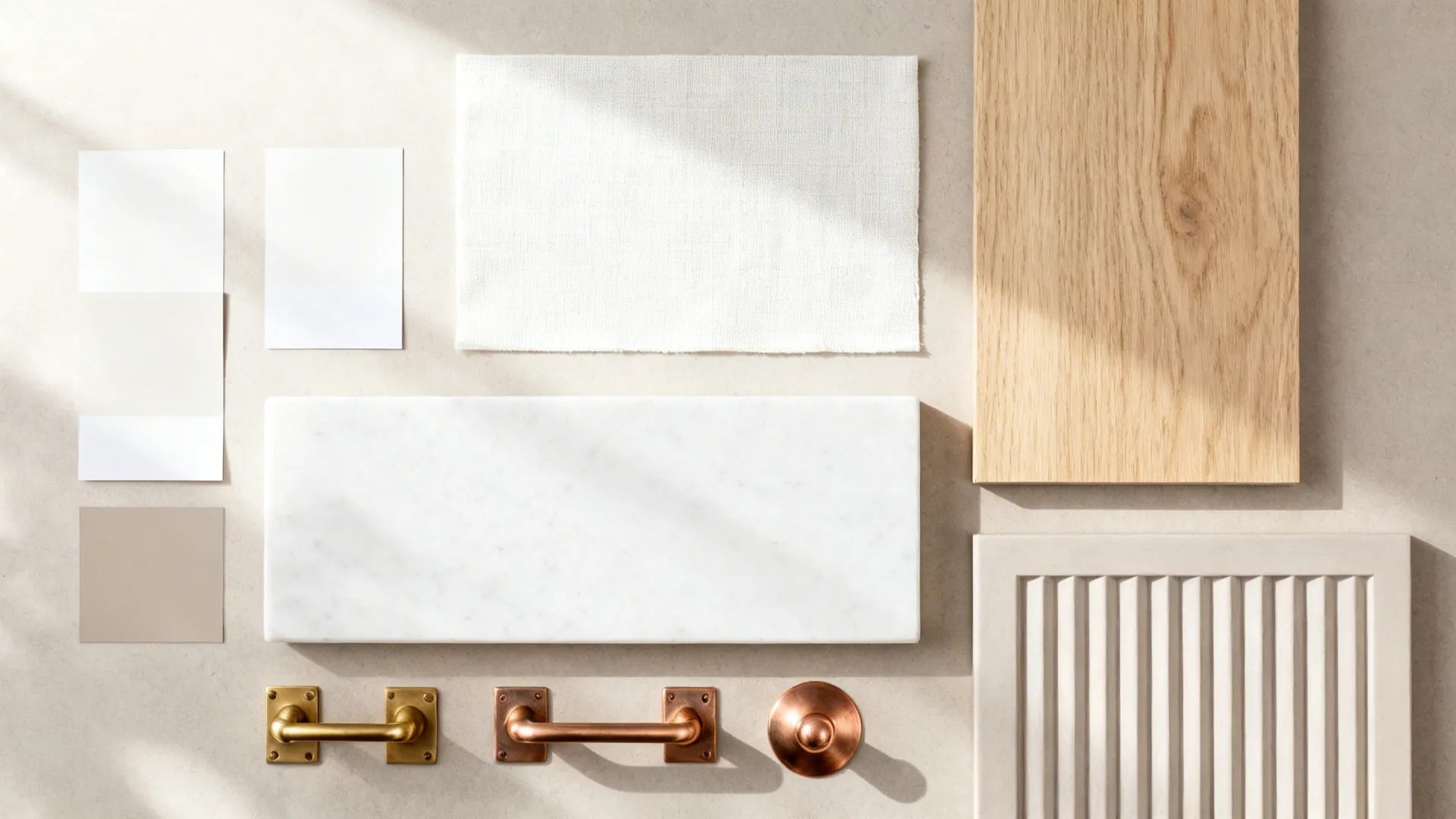 Flat lay of linen white paints, light oak, white quartz, matte brass, and brushed copper hardware.