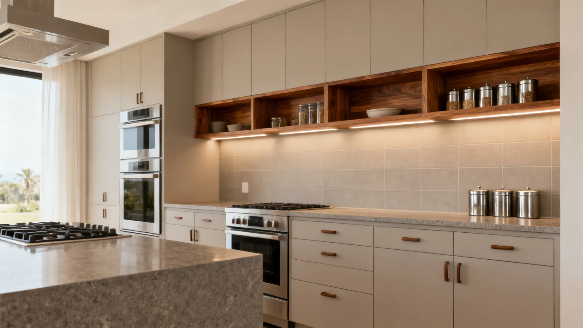 Small kitchen with soft beige-grey cabinets and walnut open shelves for a warm, airy look.