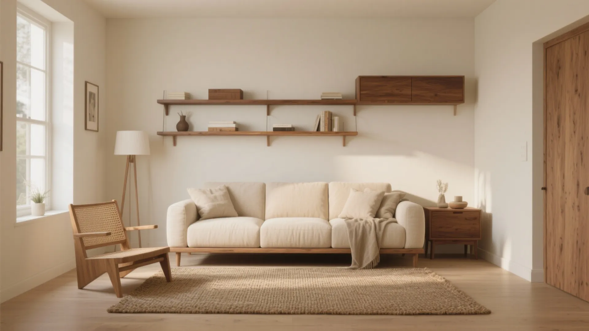 Living room with beige sofa wooden chair floor lamp rug cabinet and wooden wall shelf
