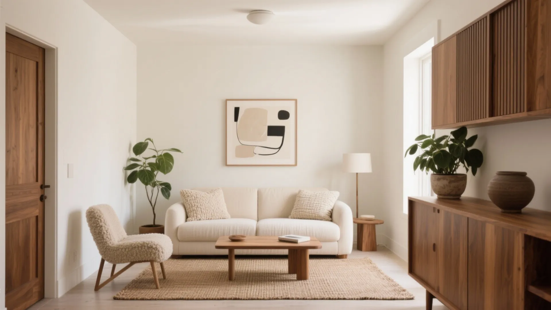 Minimalist living room with white sofa wooden cabinet abstract wall art and natural light from windows