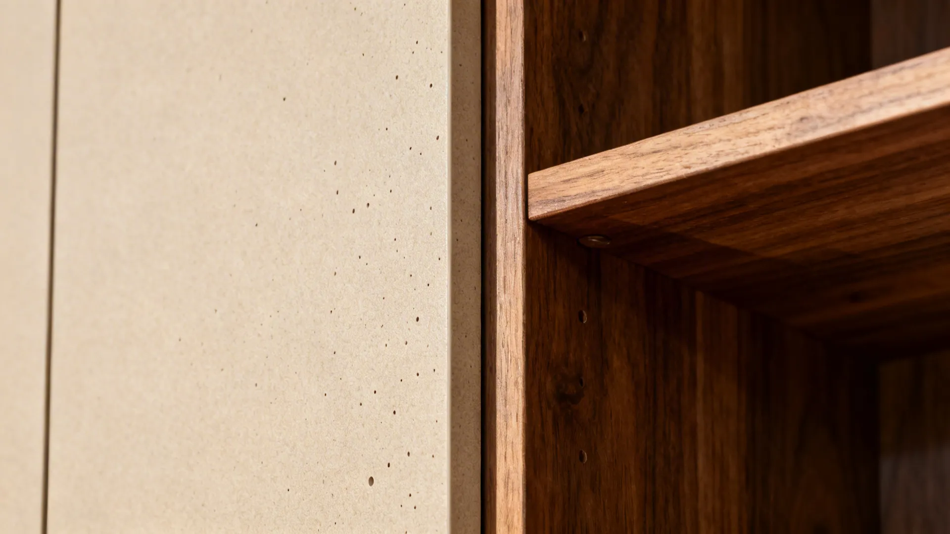 Macro of matte beige laminate next to a walnut shelf showing fine texture and grain.
