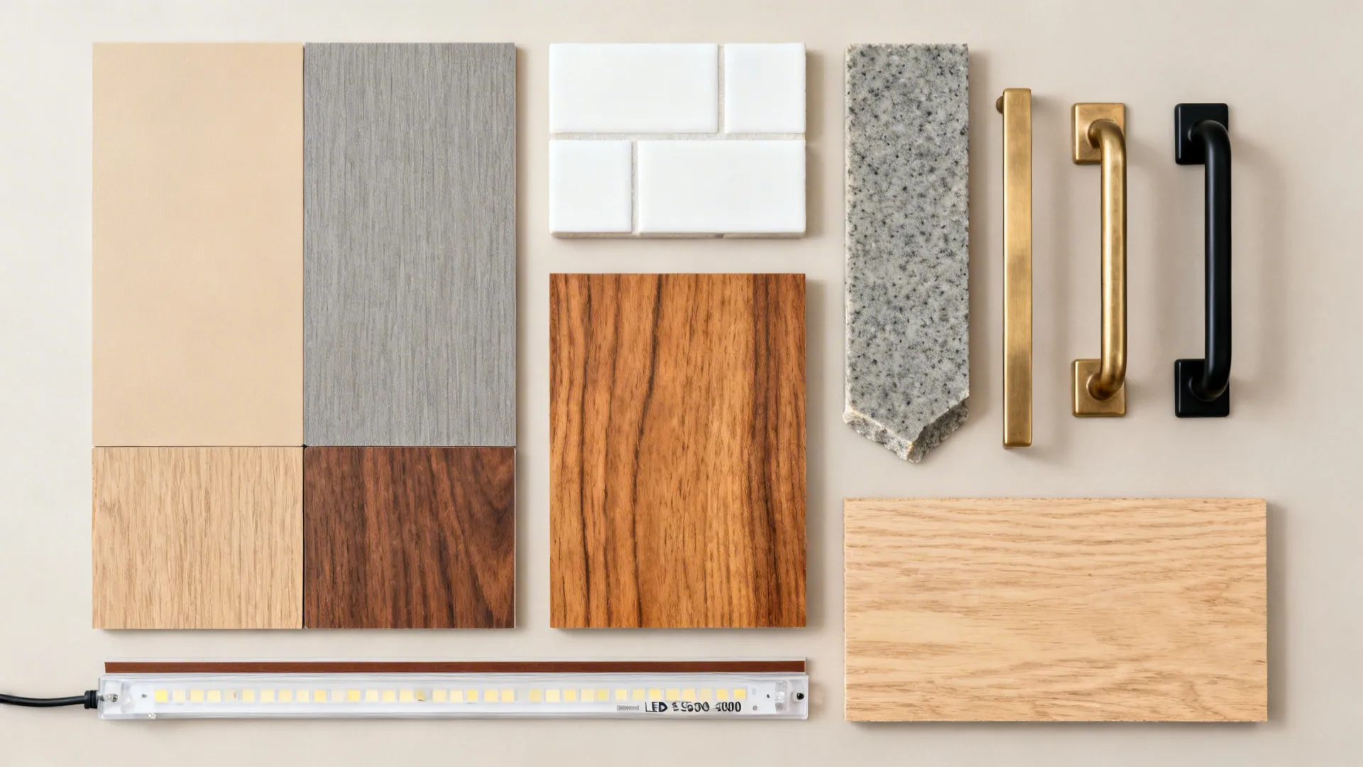 Flat lay of beige and grey laminates, walnut samples, brass pulls, and warm quartz.