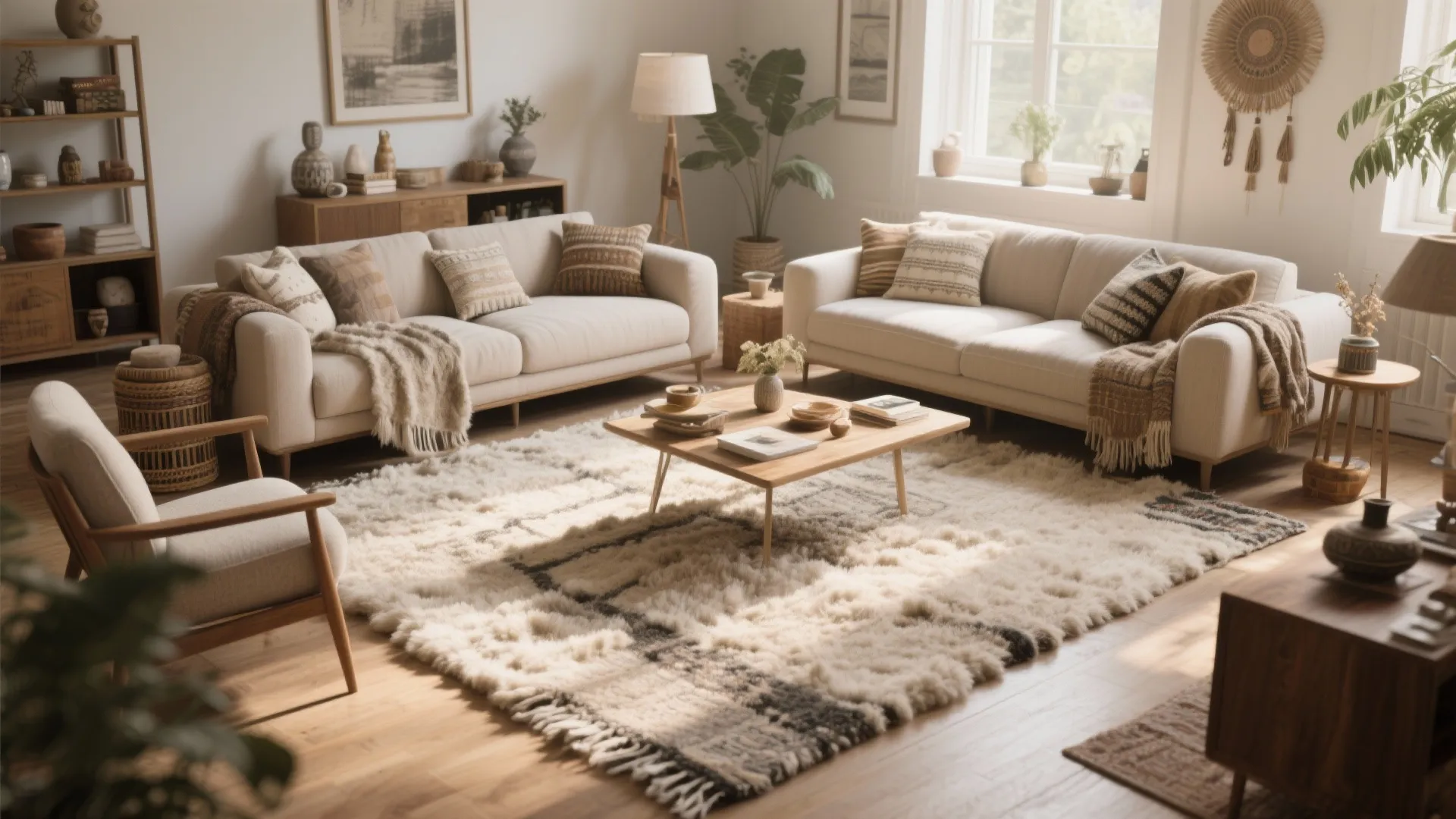 Neutral wool 8x10 rug in a cozy eclectic living room