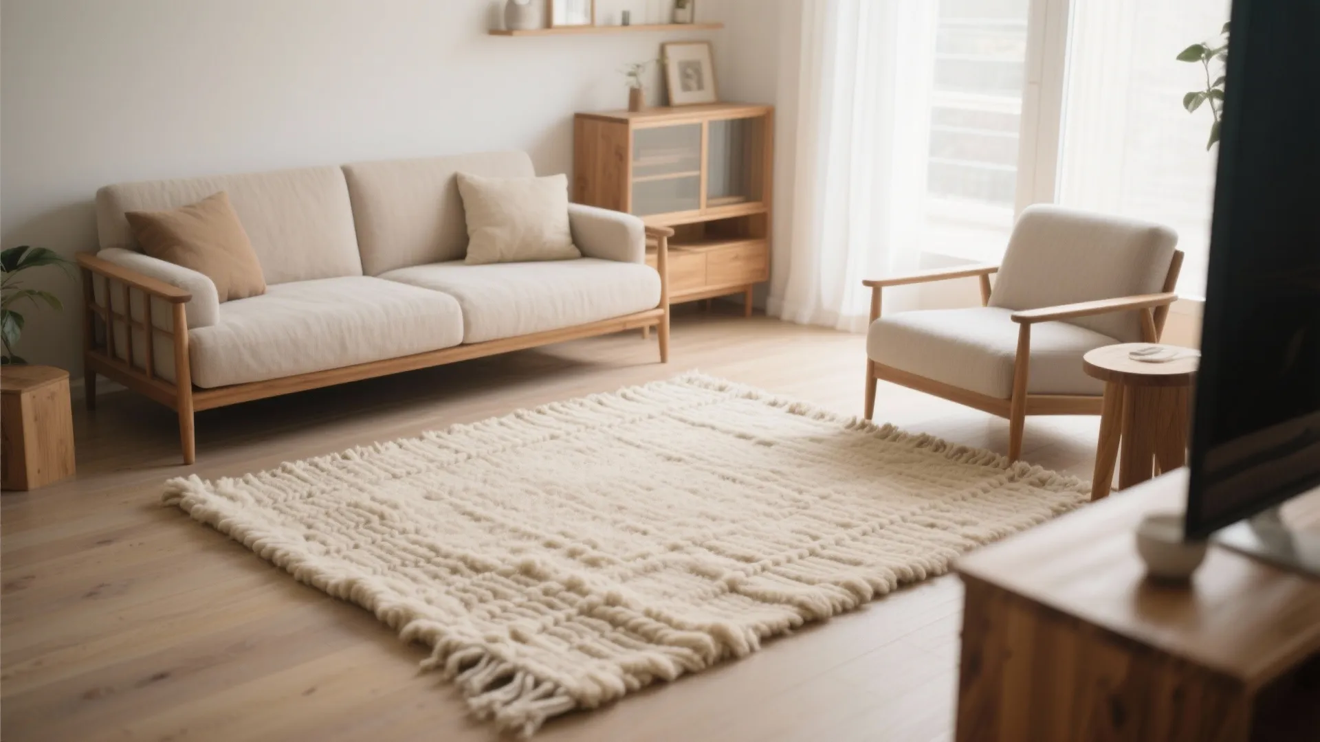 Minimalist living room with neutral wool rug, light wood furniture, white sofa, and cozy armchair